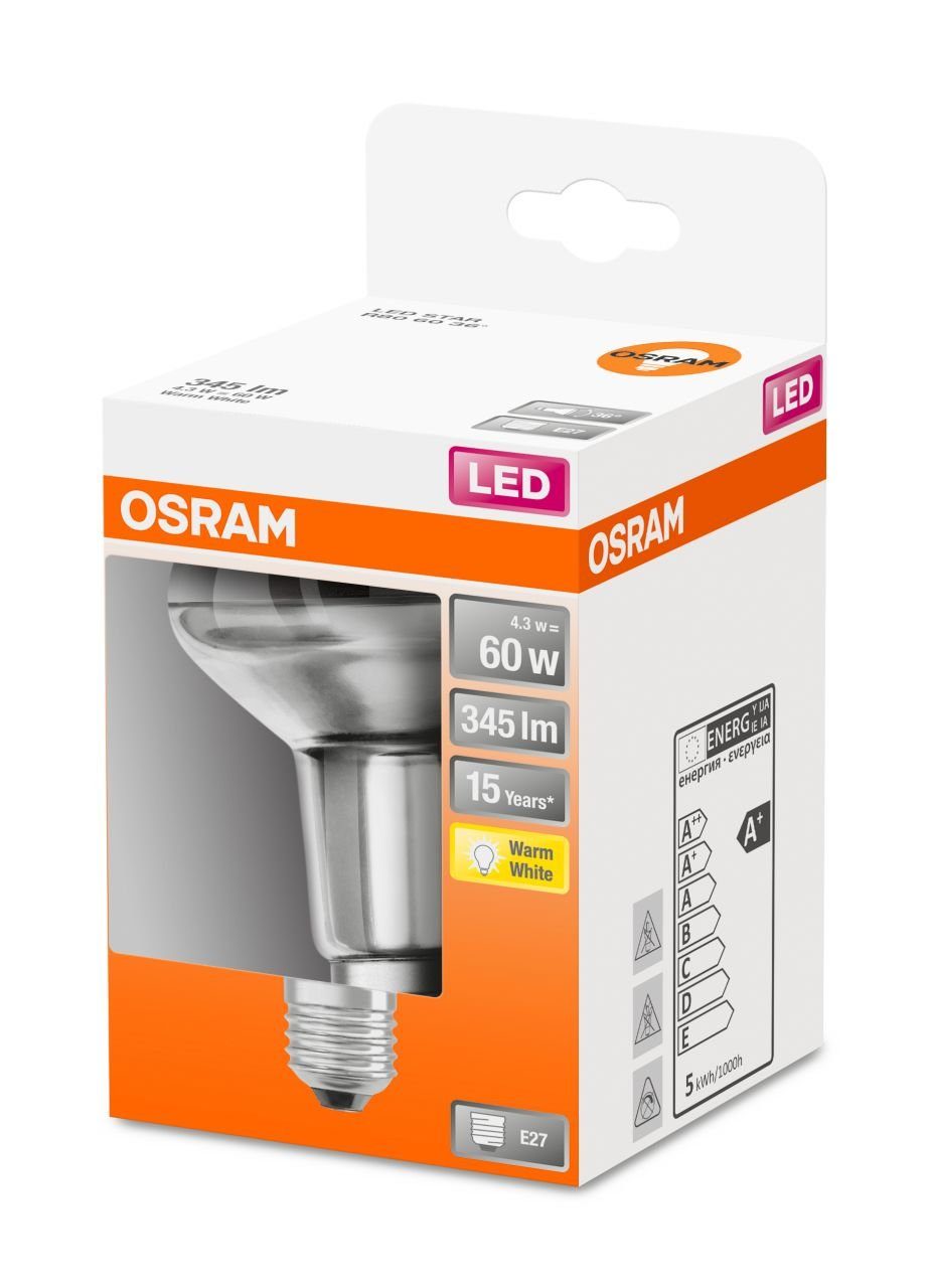 Osram LED-Leuchtmittel Osram LED Reflektor Star R80 60 E27 4,3W warmweiß, Nicht dimmbar