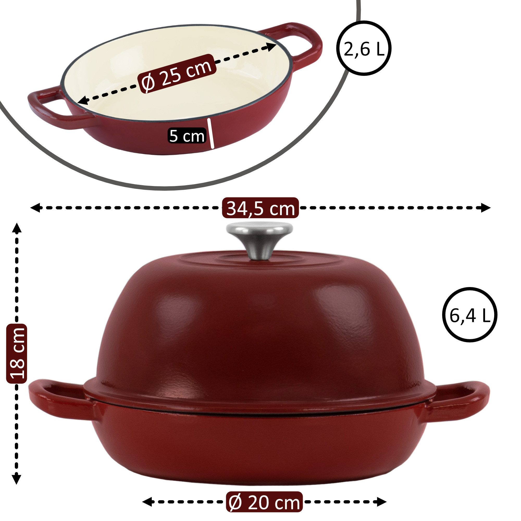 Mahlzeit Kochtopf Gusseisen Brottopf Set emailliert, 6,4 Liter, Dark Cherry, Brotschling, Gusseisen, zum Backen von Broten, aber auch zum Kochen, Braten und Schmoren