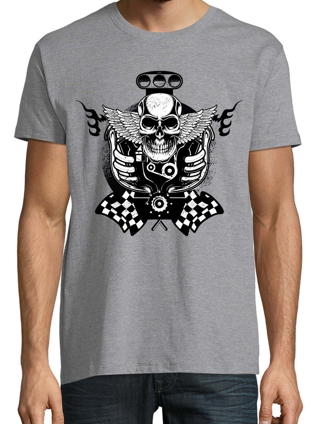 T-Shirt Schädel Designz trendigem Motor Grau Shirt Youth mit Herren Frontprint