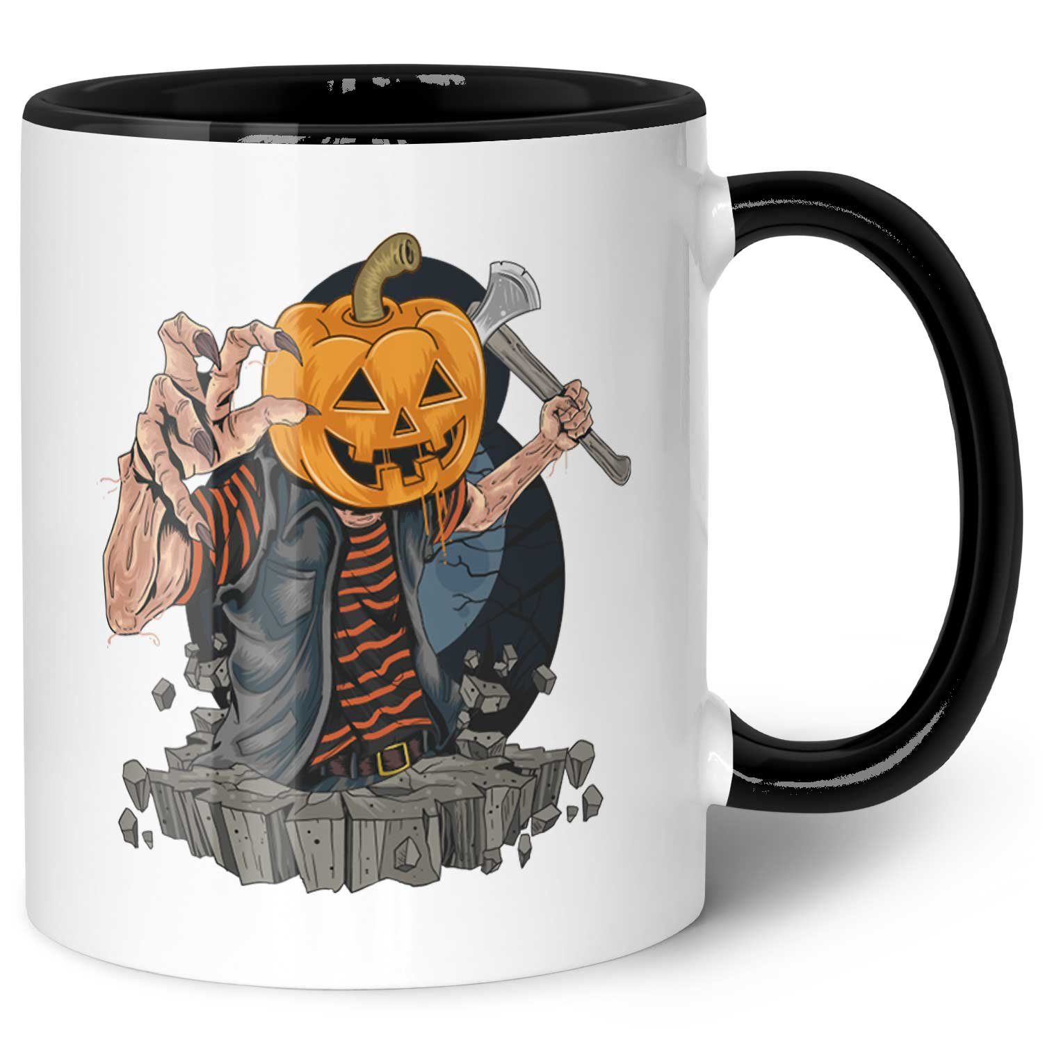 GRAVURZEILE Tasse mit Motiv im Kürbis Zombie Design, Keramik, Farbe: Schwarz & Weiß