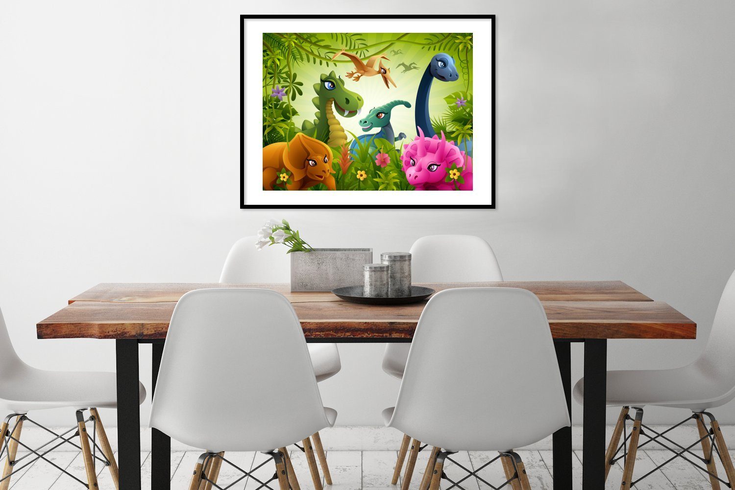 Gerahmtes Bilder, Wandposter, Poster Bilderrahmen Baby - Jungen MuchoWow - St), Illustration Dinosaurier - Poster, Wanddeko, Schwarzem - -, Dschungel (1 - Tiere