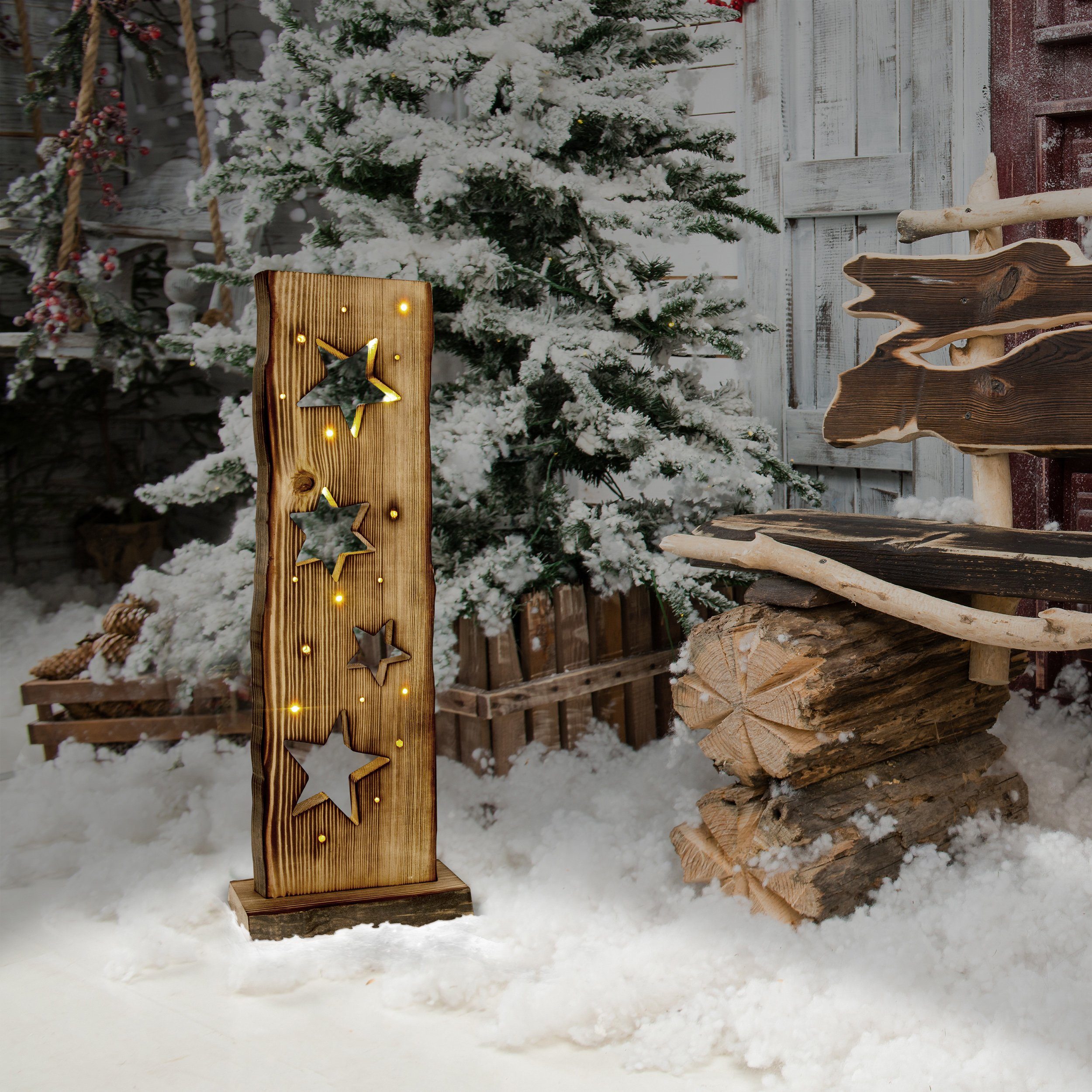näve LED Gartenleuchte LED-Holz-Weihnachtsleuchte Sternemotiv, Weihnachtsdeko aussen, LED fest integriert, Warmweiß, incl. 23x LEDs 2800K,incl. Batteriefach mit Timerfunktion (6on/18off)