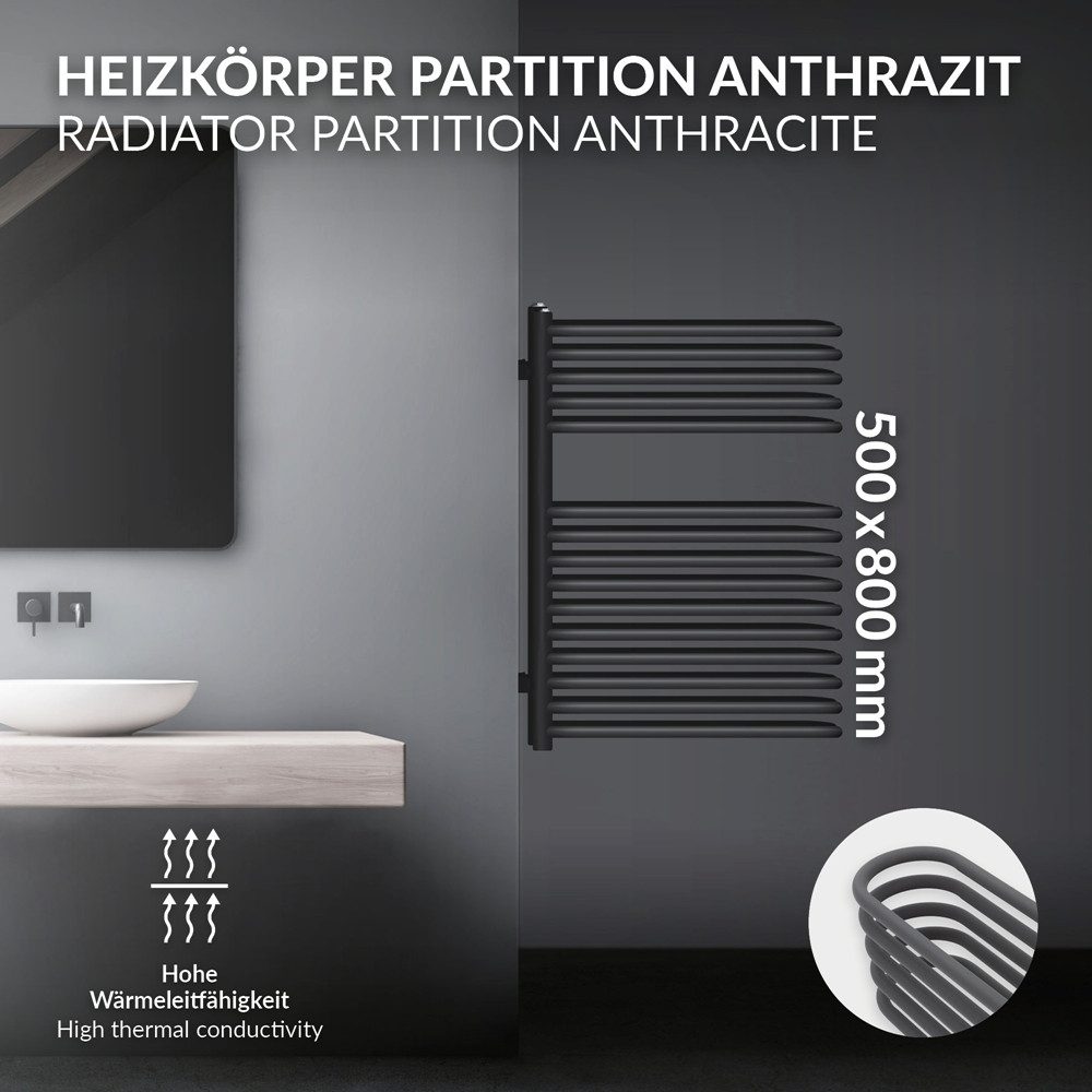 LuxeBath Badheizkörper Design Heizkörper Handtuchtrockner Badezimmer Heizung für Handtücher, Heater Partition Handtuchwärmer Seitenanschluss Anthrazit 500x800 mm