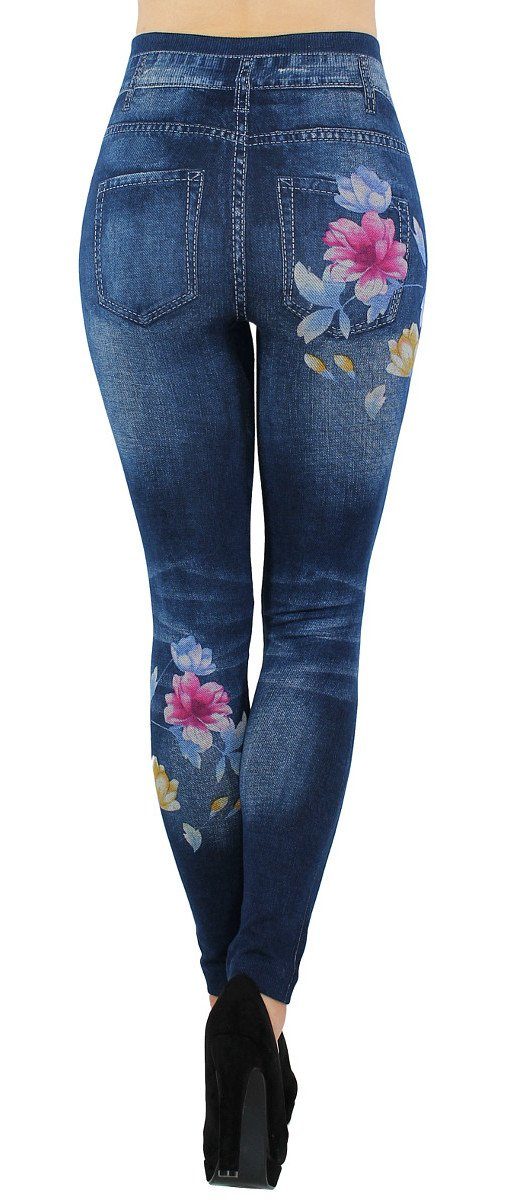 JL414-SpringFlowersBLUE Jeggings Bund High Bequem Leggings Jeansleggings dy_mode Jeans in mit Waist elastischem Optik Damen Jeggings