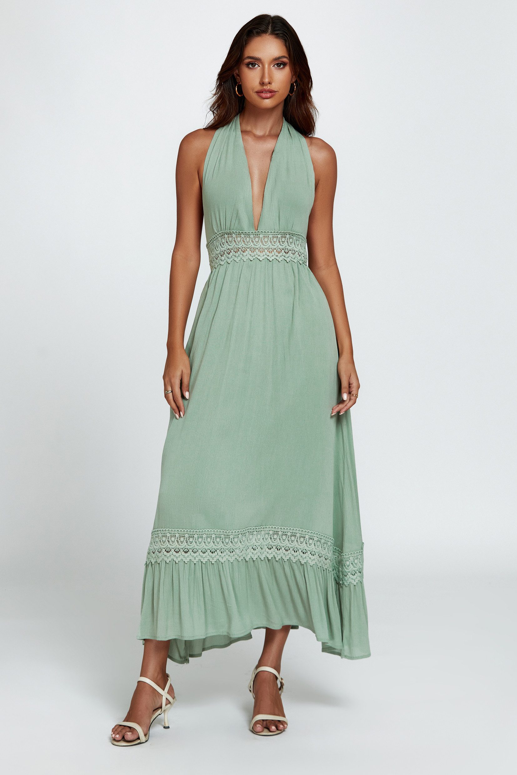 FS Collection Midikleid Damen Sommerkleid Midikleid Halterneck Trägerkleid Rückenfrei (XS (EU:36 / UK:8) · S (EU:38 / UK:10) · M (EU:40 / UK:12) · L (EU:42 / UK:14) · XL (EU:44 / UK:16), 3 Farben : Weiß, Grün und Schwarz) 100% Baumwolle – atmungsaktiv und hautfreundlich