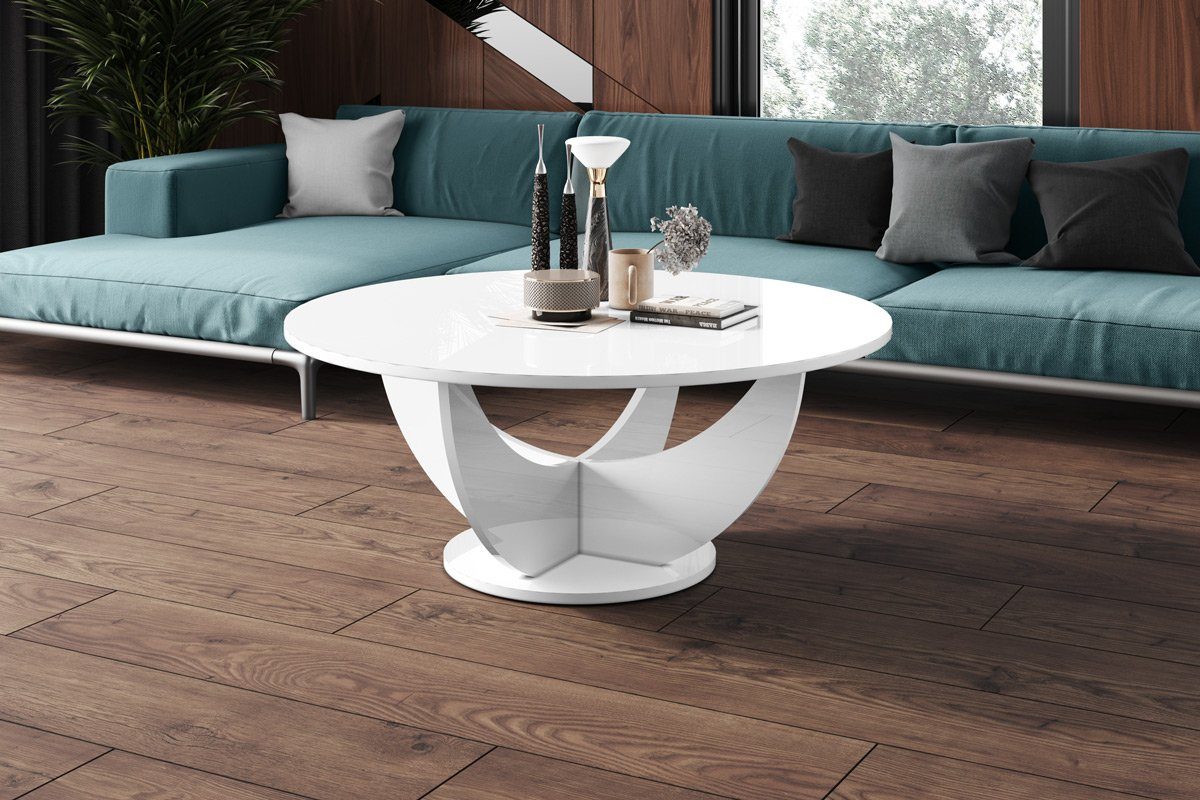 designimpex Couchtisch Design HRC-111 Hochglanz Wohnzimmertisch Rund Tisch 100 cm x 40 cm Weiß Hochglanz