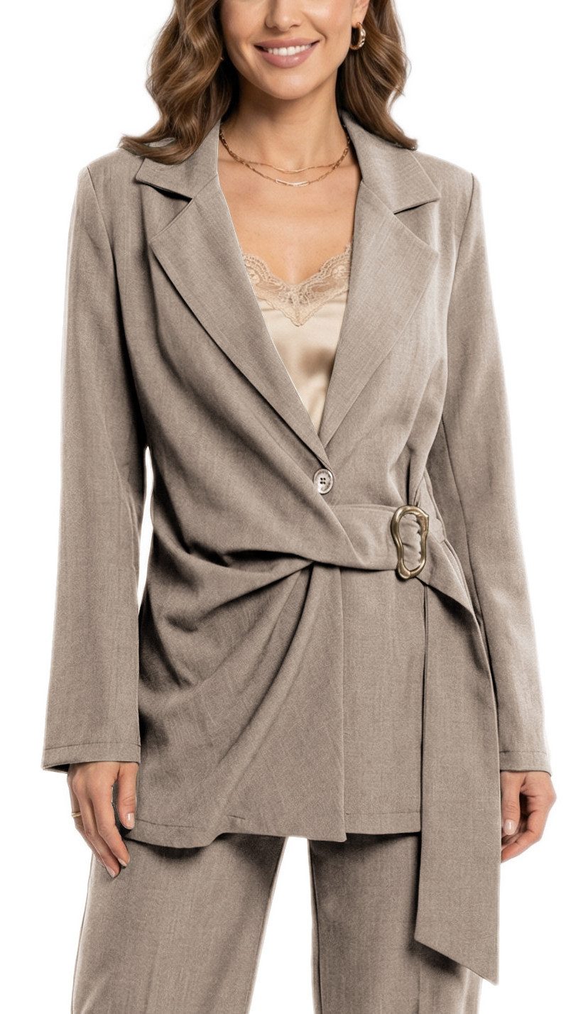 dy_mode Longblazer Damen Longblazer in Wickeloptik Taillierter Business Blazer in Unifarbe, Tailliert in Wickeloptik