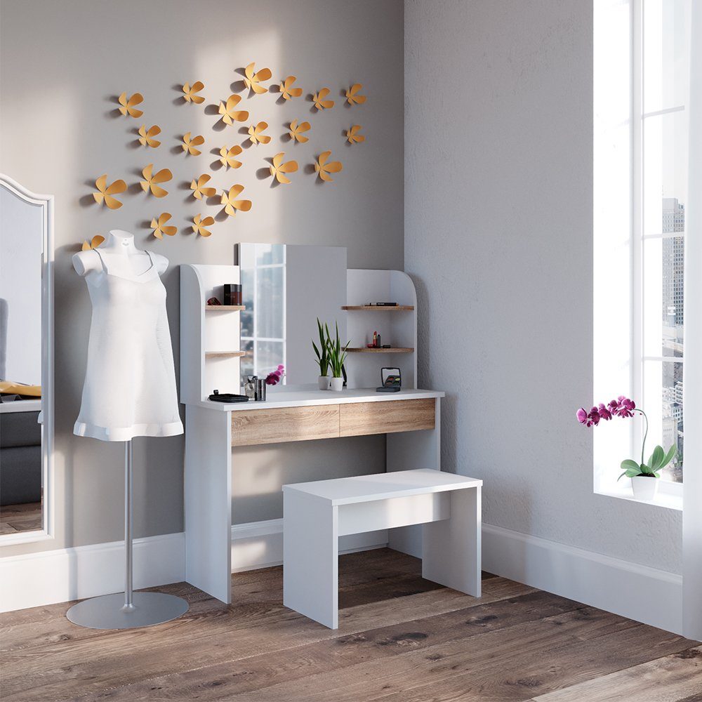 Vicco Schminktisch Charlotte, Weiß/Sonoma, 108 cm mit Bank (2-St)