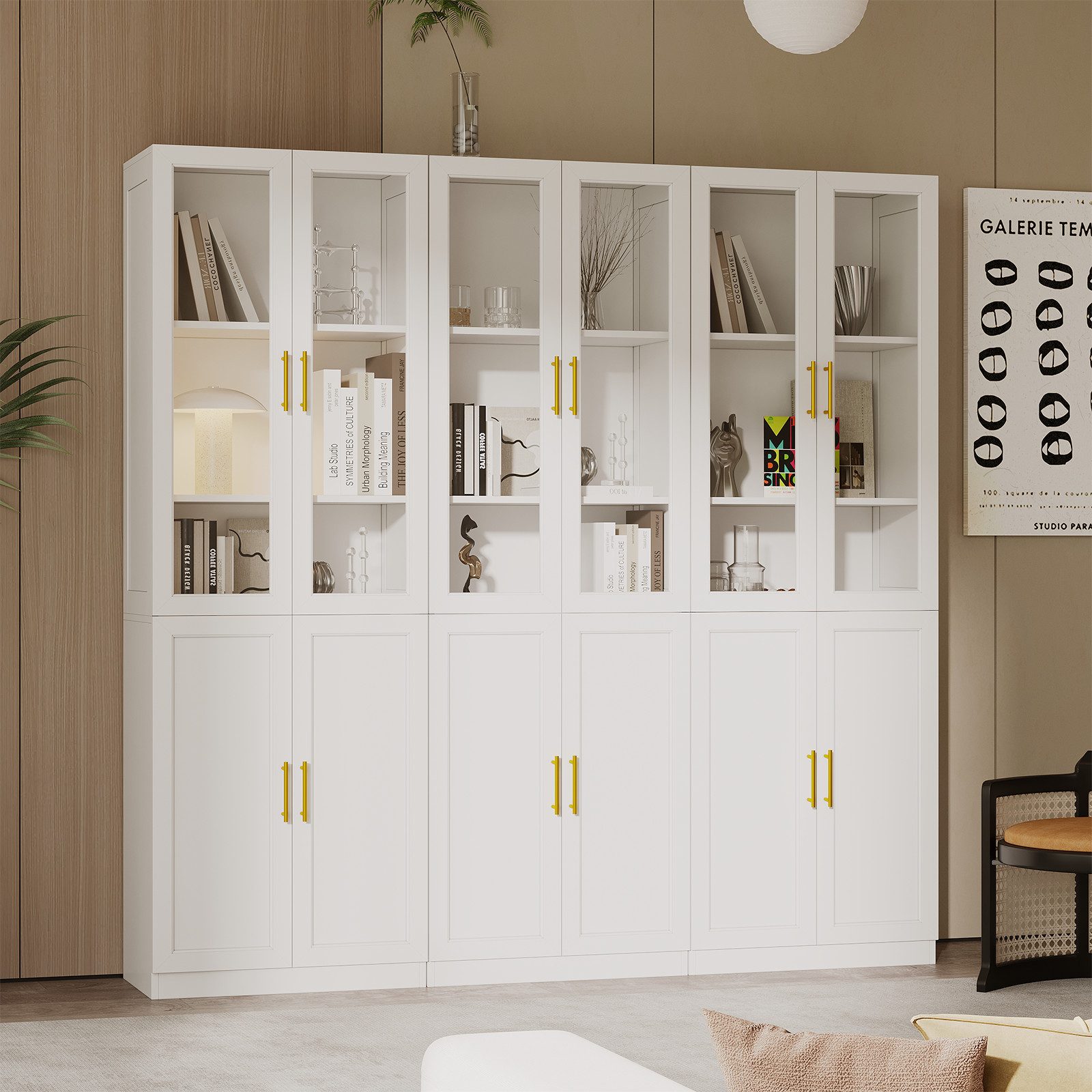 VOWNER Bücherregal mit Glastüren, 5-stöckig, 180 x 60 x 35 cm, Weiß, 3-tlg., mit verstellbaren Böden – viel Stauraum für Wohnzimmer & Büro