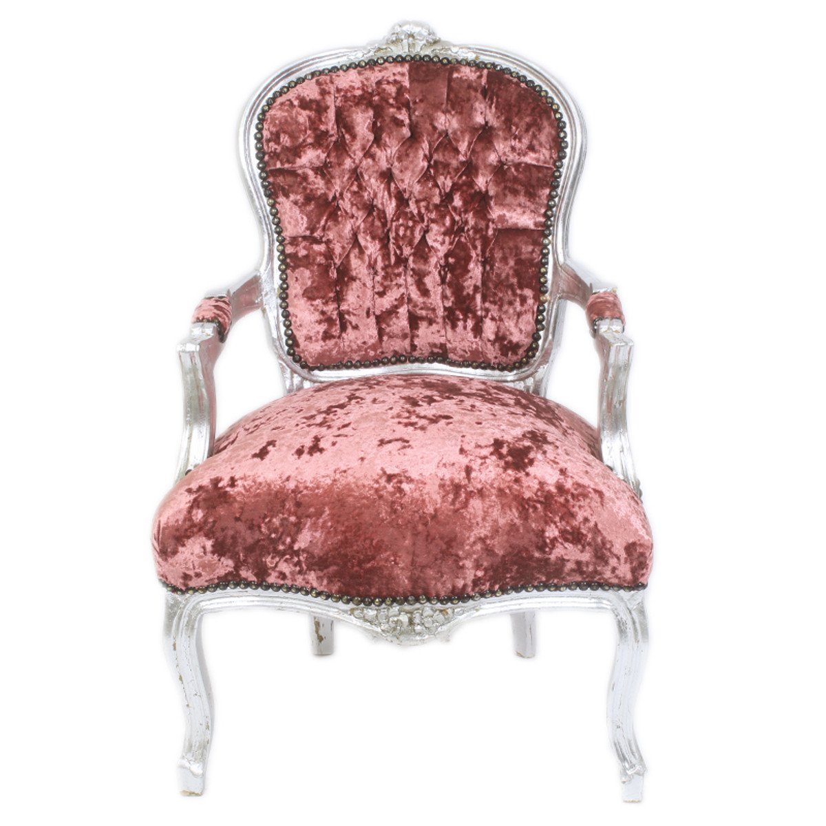 Casa Padrino Besucherstuhl Barock Salon Stuhl Bordeaux Velour Stoff / Silber - Antik Design Möbel