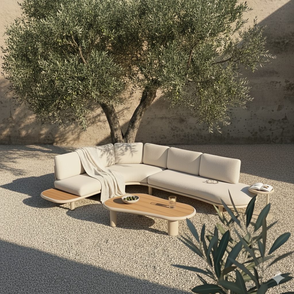 CASA DOMA Gartenlounge-Set Montella, Outdoor-Lounge mit Teakholz, Organic Design, (Loungegruppe, 4-tlg., Bouclé-Polster aus Olefin-Stoff), inkl. Loungetisch & Beistelltisch