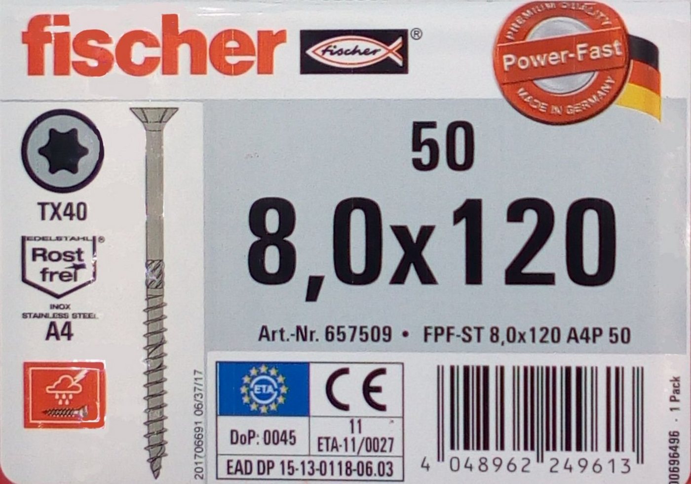 Thumbnail - Fischer Befestigungstechnik Spanplattenschraube 50x fischer Holzschraube 8,0x120 Edelstahl A4 TX Senkkopf Teilgewinde, (...