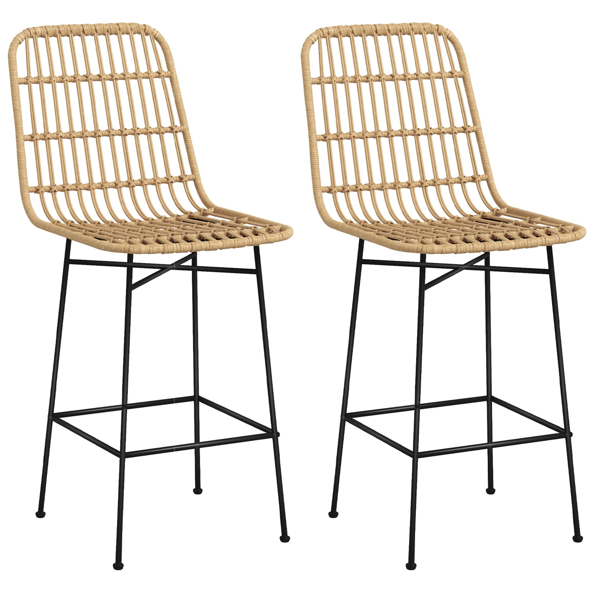 HOMCOM Barhocker 2er-Set, Tresenhocker mit Rückenlehne aus PE-Rattan, Thekenstühle (Barstuhl, 2 St., Küchenhocker), für Wohnzimmer, Küche, Gelb