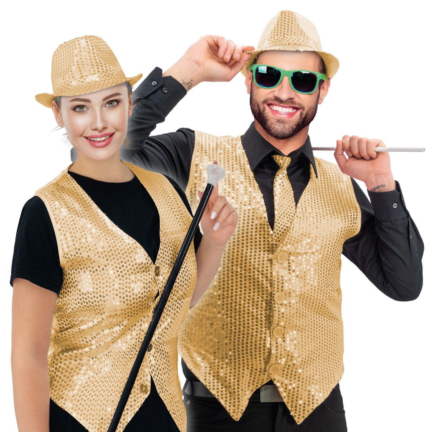 Party Factory Kostüm Pailletten Weste unisex - Gold, mit leuchtenden, reflektierenden Pailletten versehen