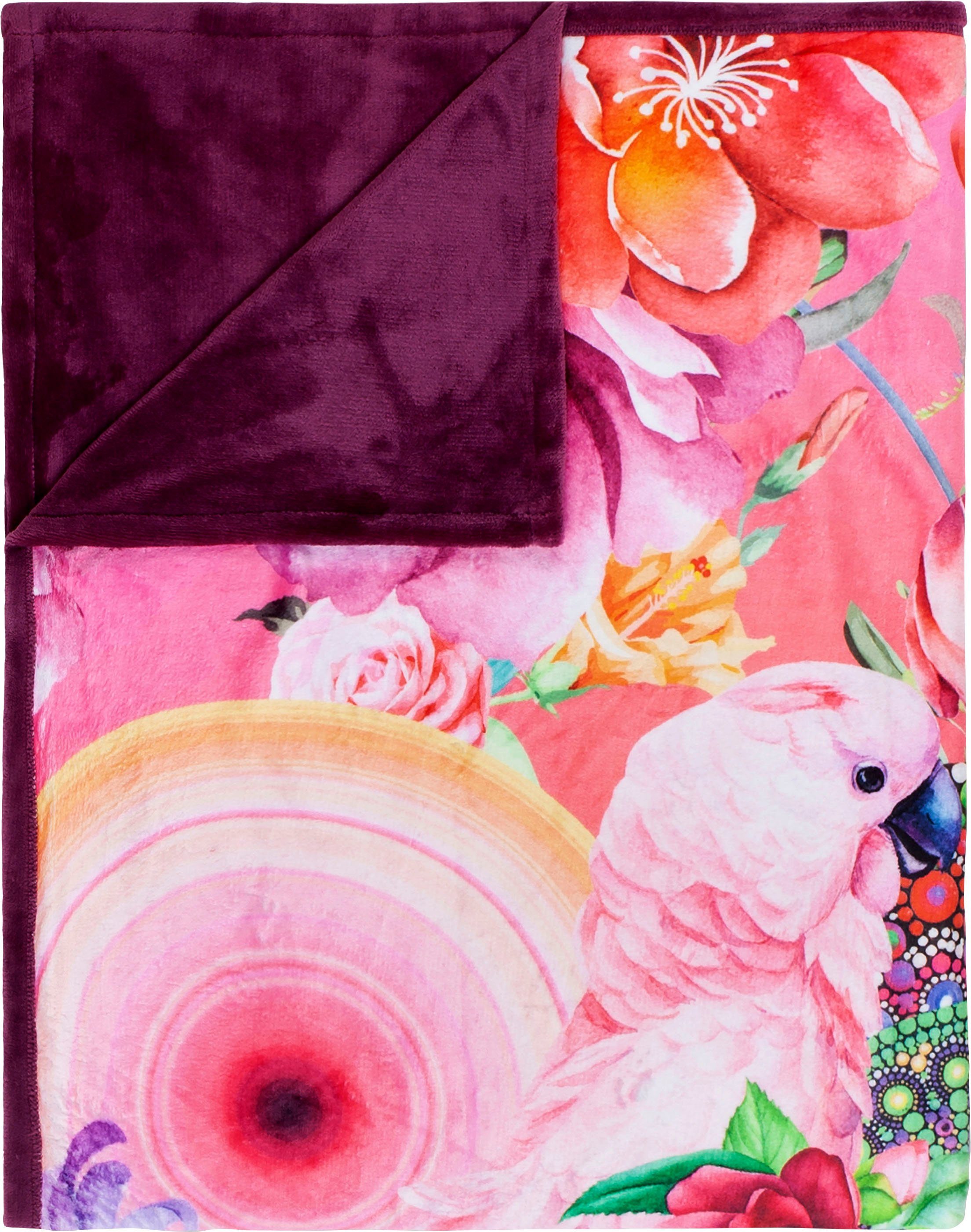 Plaid Nevine, hip, mit Mandalas in und Unifarbene Kuscheldecke, bordeaux Blumen, Rückseite