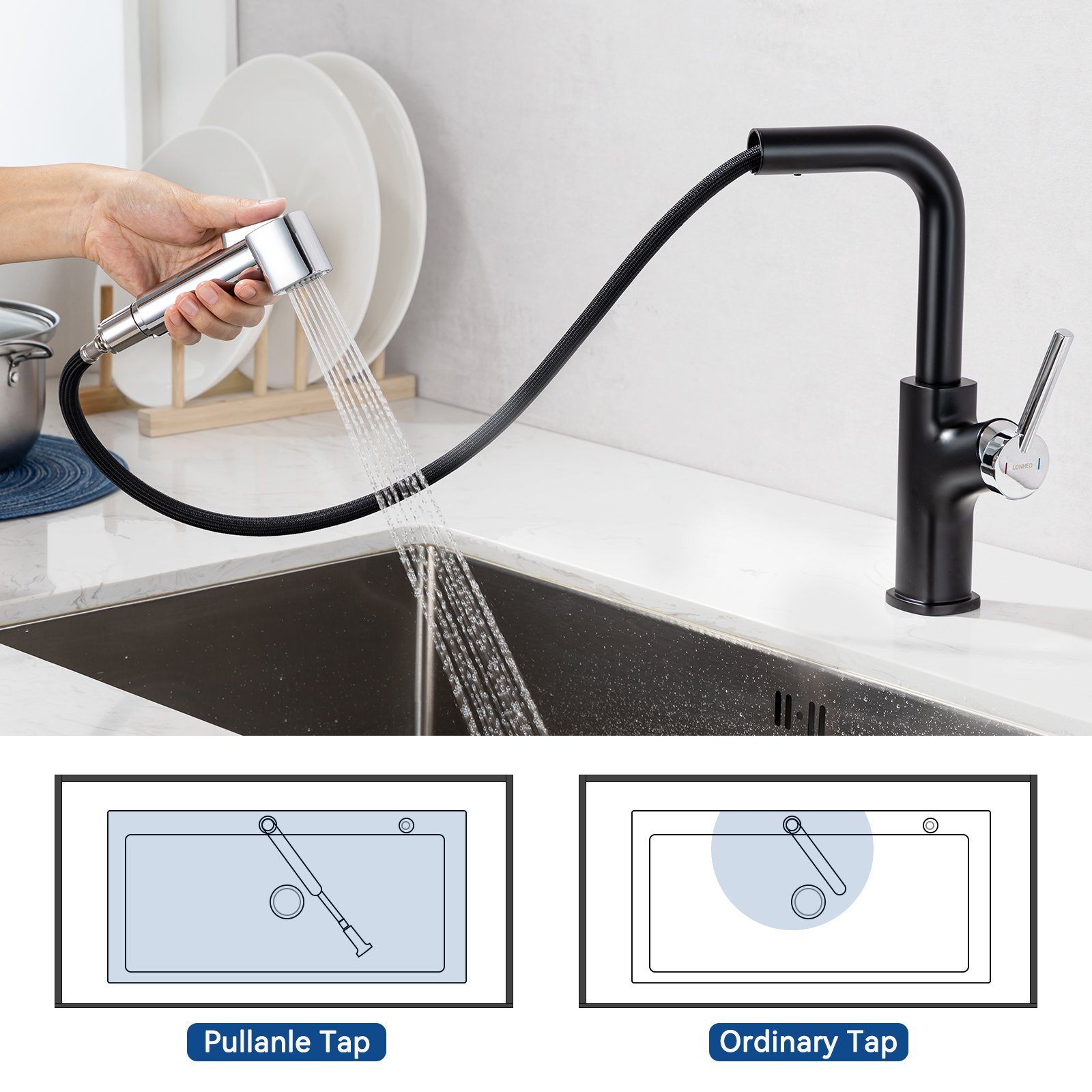 Küche Küchenarmatur für Mischbatterie Ausziehbar Einhandmischer Wasserhahn Lonheo Spültischarmatur 360° Brause mit Schwarz+Chorm Armatur