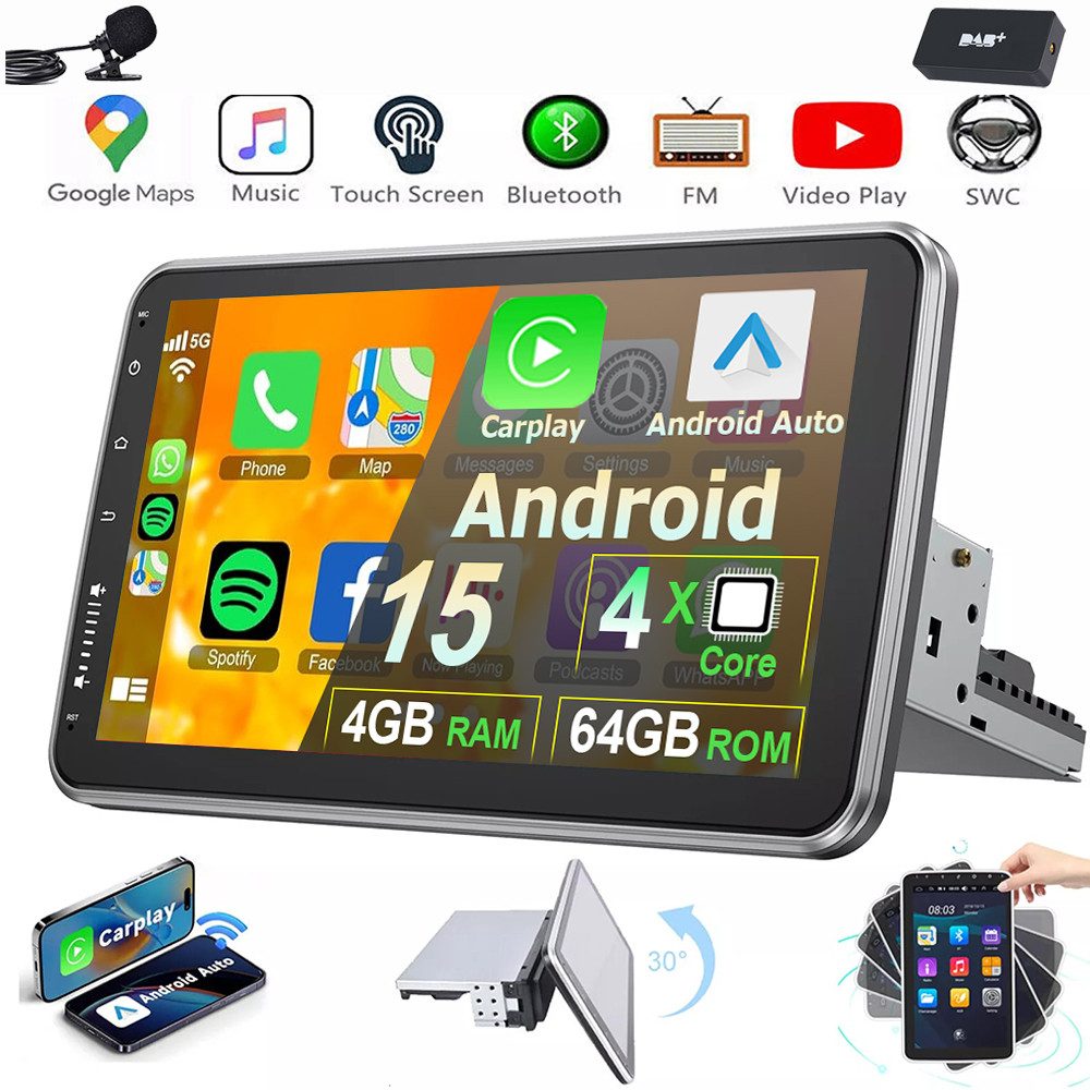 MOPECT 4+64G Android 15 Autoradio 1 DIN 360° Drehbar Bildschirm Carplay Navigationsgerät (Carplay Android Auto Bluetooth FM AM RDS WIFI GPS)