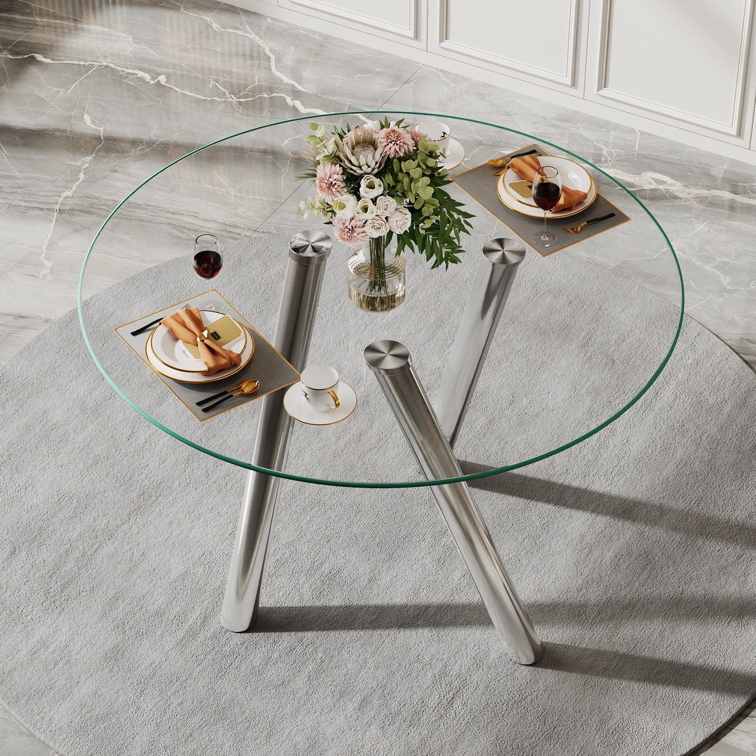 ANYSUN Esstisch Runder Esstisch 89x89x76 cm, mit gehärteter Glasplatte (moderner Glastisch Esstisch Küchentisch galvanisierte Metallbeine), Stabiler Küchentisch für 2–4 Personen, Kaffee und Freizeittisch