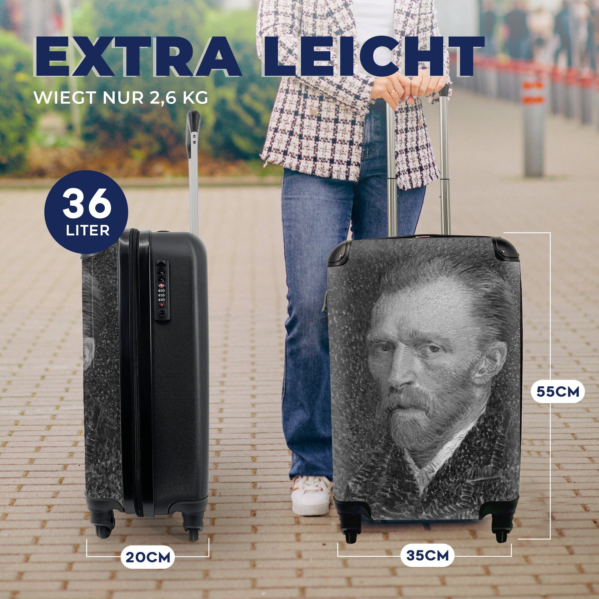Rollen, Gogh und 4 rollen, für Reisetasche Handgepäckkoffer van Reisekoffer Trolley, von Schwarz MuchoWow Handgepäck Vincent Selbstporträt Ferien, mit weiß, -