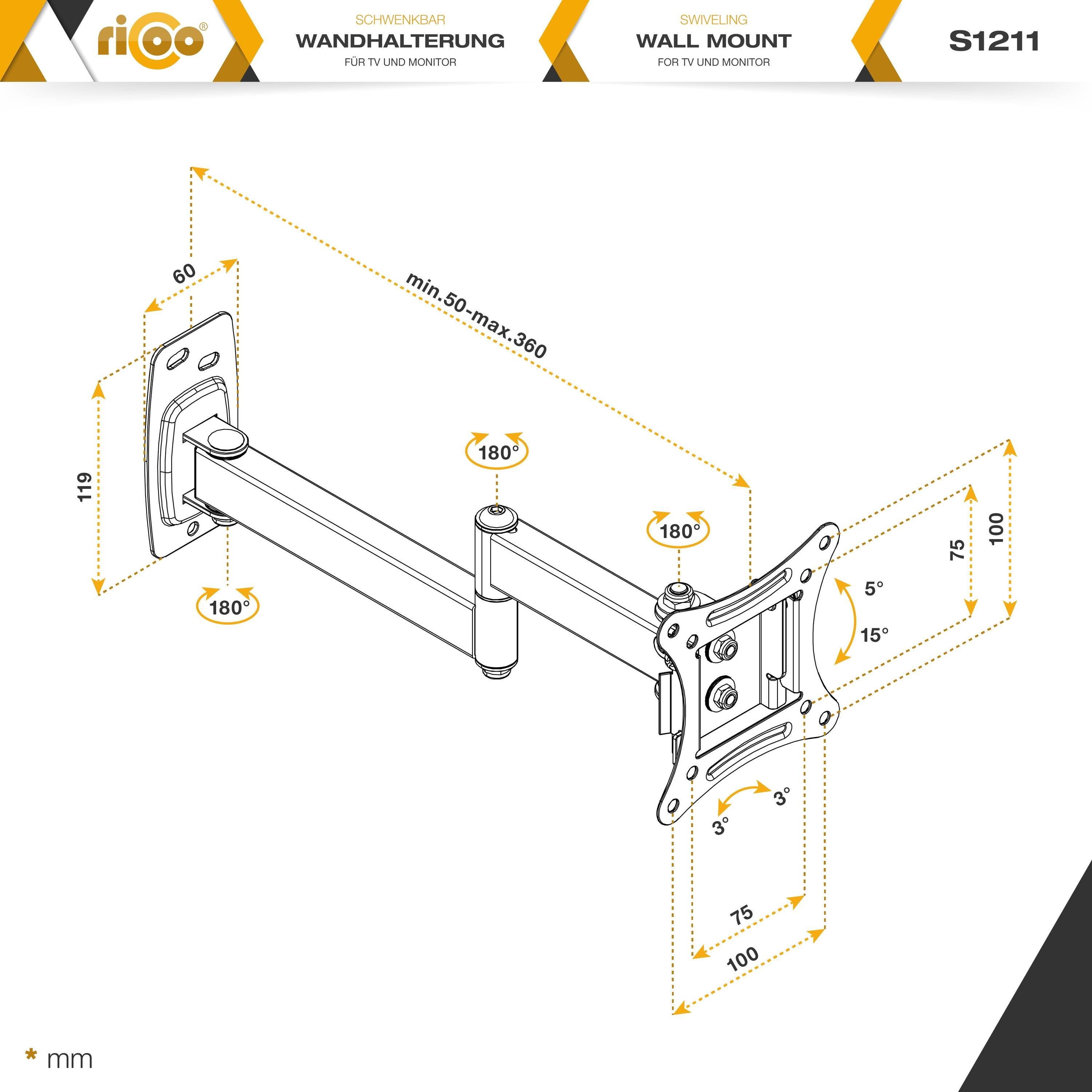 RICOO S1211 TV-Wandhalterung, 100x100) (bis universal Zoll, ausziehbar Halter 29 VESA Monitor neigbar schwenkbar