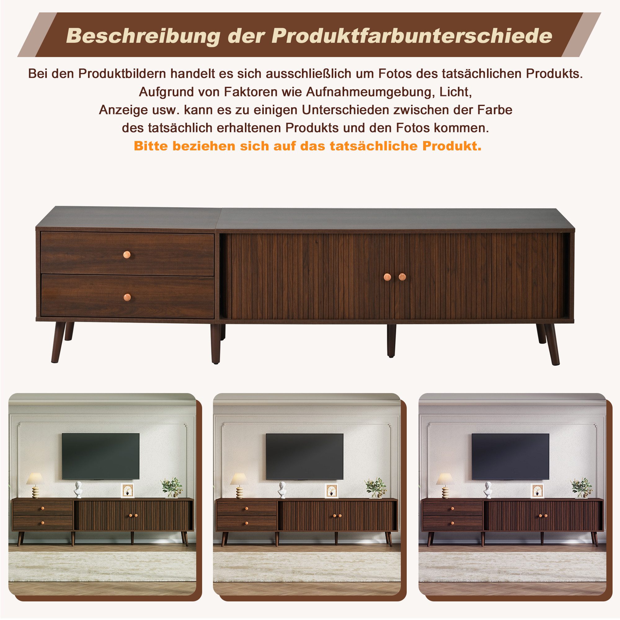 Merax Lowboard TV-Schrank in Walnussholzoptik, 180x40x46,5 cm (1 St), TV-Ständer Wohnzimmerschrank mit 2 Schubladen, 2 Rolltüren,7 Standfüße – Bild 4 von 5