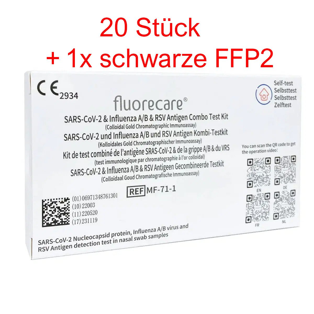 fluorecare PSA-Schnelltest SARS-CoV-2, Influenza A+B & RSV Antigen 4in1 Kombi Test, 20