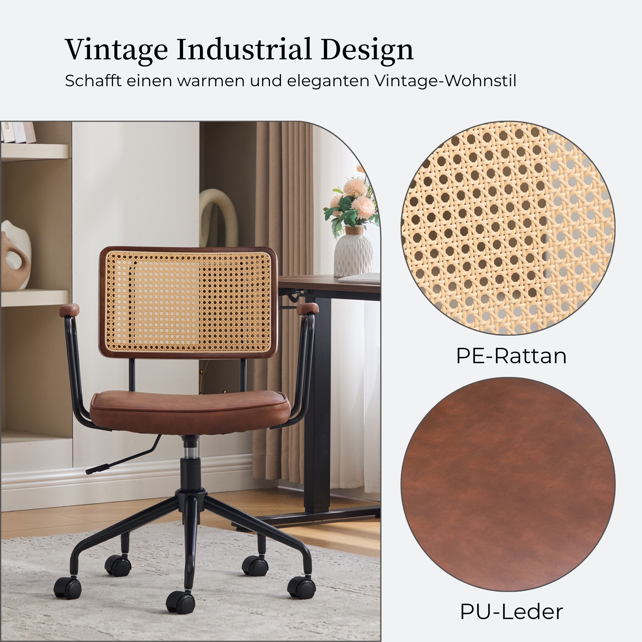 SeedWave Bürostuhl mit Rattan-Rückenlehne, Höhenverstellbarer Drehstuhl mit Polstersitz, Metallgestell Schreibtischstuhl im Industrial Stil für Home Office