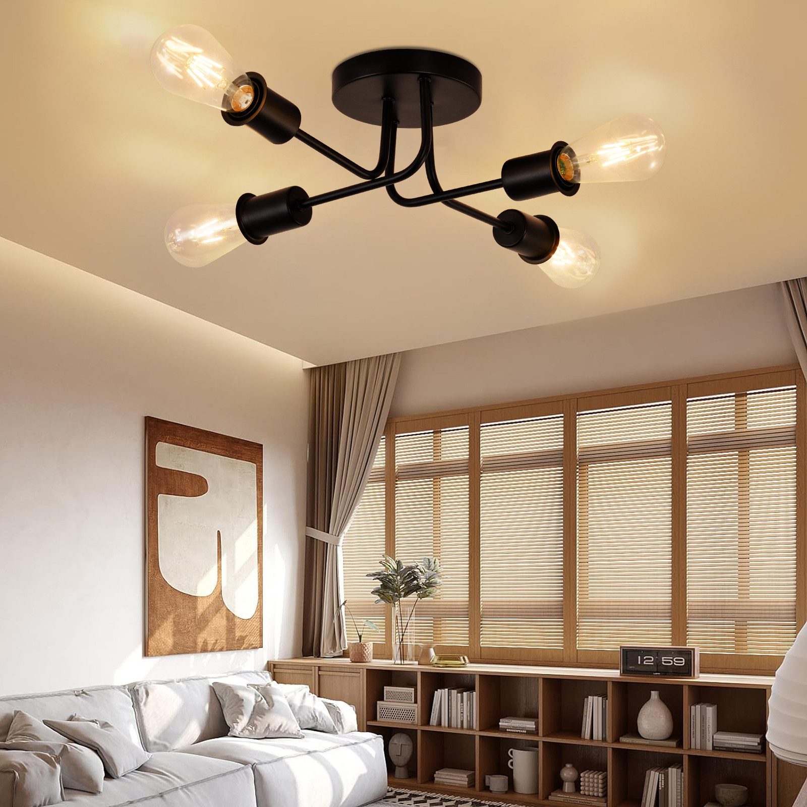 Nettlife Deckenleuchte Vintage Schwarz 3/4 Flammig E27 Rustikaler Wonhzimmerlampe, LED wechselbar, Industrie Deckenlampe für Wohnzimmer Schlafzimmer Küche – Bild 4 von 5