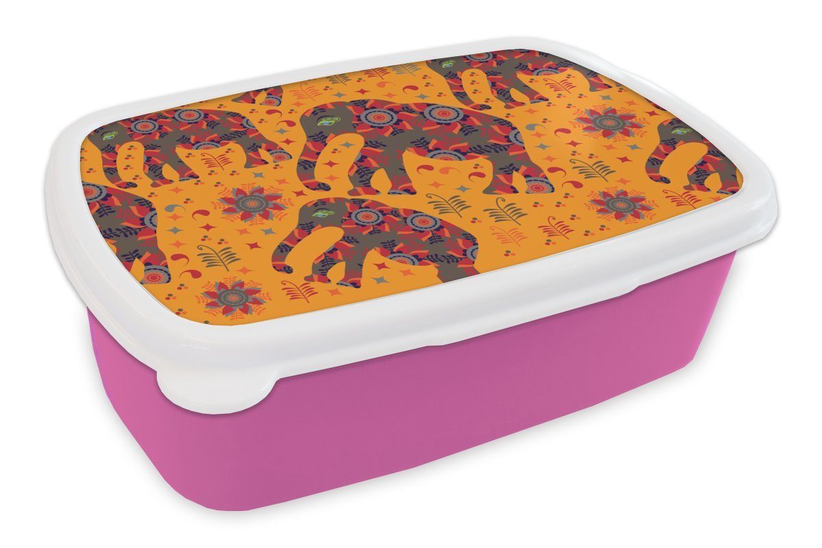 MuchoWow Lunchbox Elefant - Ornament - Blumen - Muster, Kunststoff, (2-tlg), Brotbox für Erwachsene, Brotdose Kinder, Snackbox, Mädchen, Kunststoff rosa