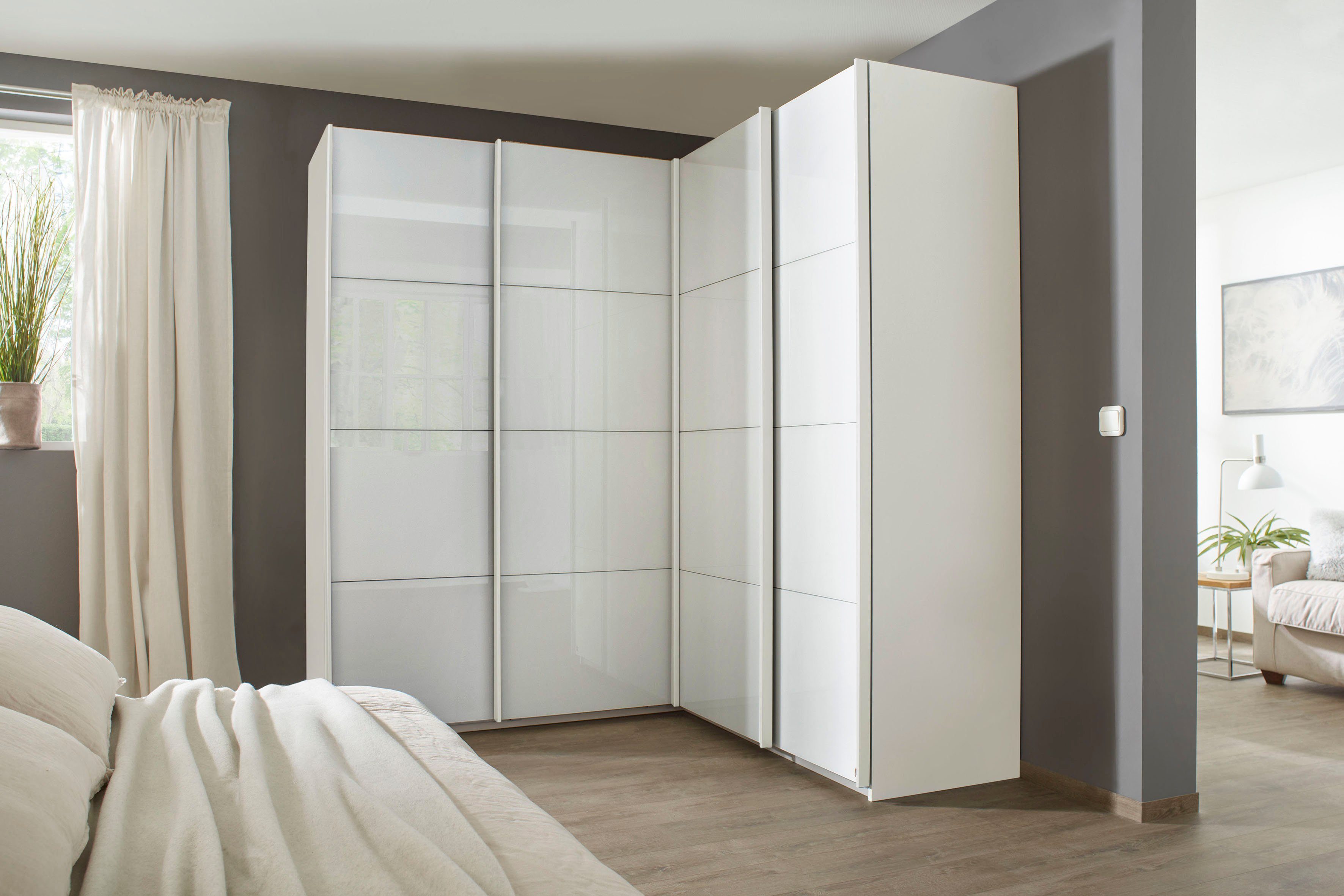 rauch Schwebetürenschrank Kleiderschrank Garderobe Eckkleiderschrank QUADRA mit edler Glasfront (Maß 181x187 cm, Höhen 210/229 cm, inkl. Soft-Close-Funktion) extra großer Eckschrank inkl. Schubladeneinsatz MADE IN GERMANY