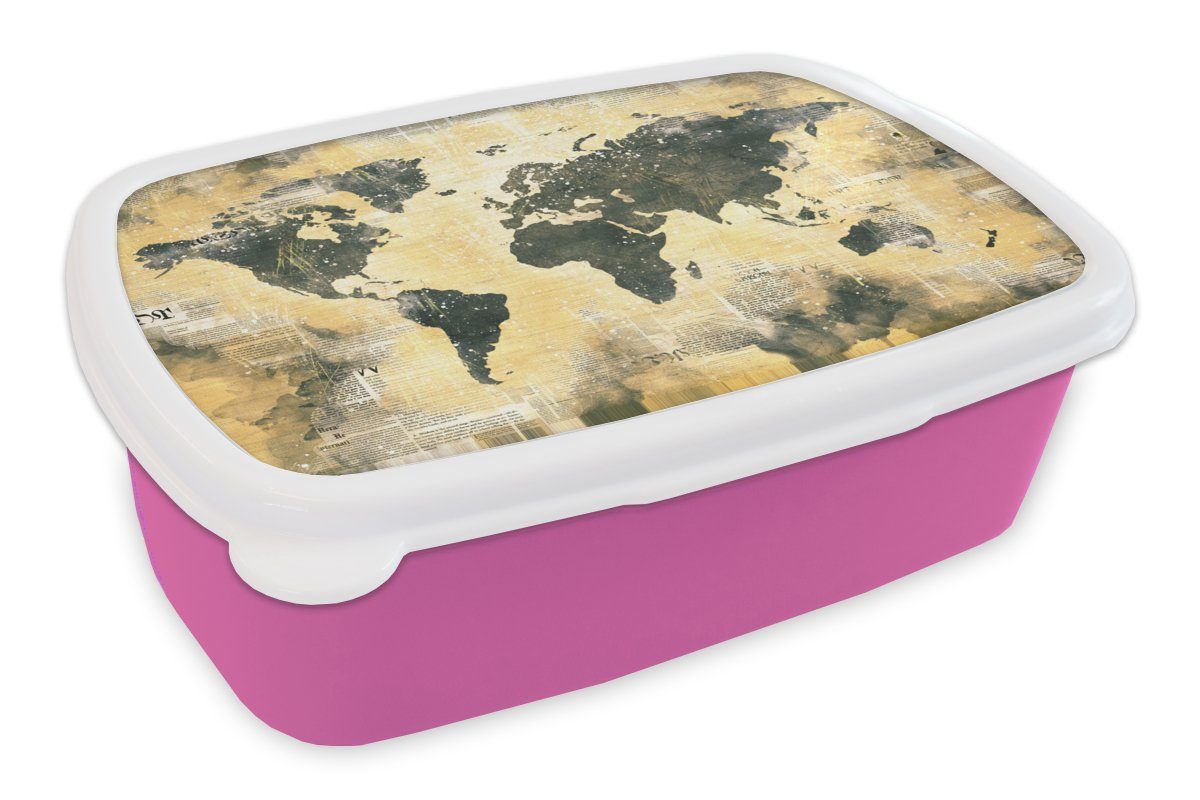 MuchoWow Lunchbox Weltkarte - Grau - Zeitung, Kunststoff, (2-tlg), Brotbox für Erwachsene, Brotdose Kinder, Snackbox, Mädchen, Kunststoff rosa