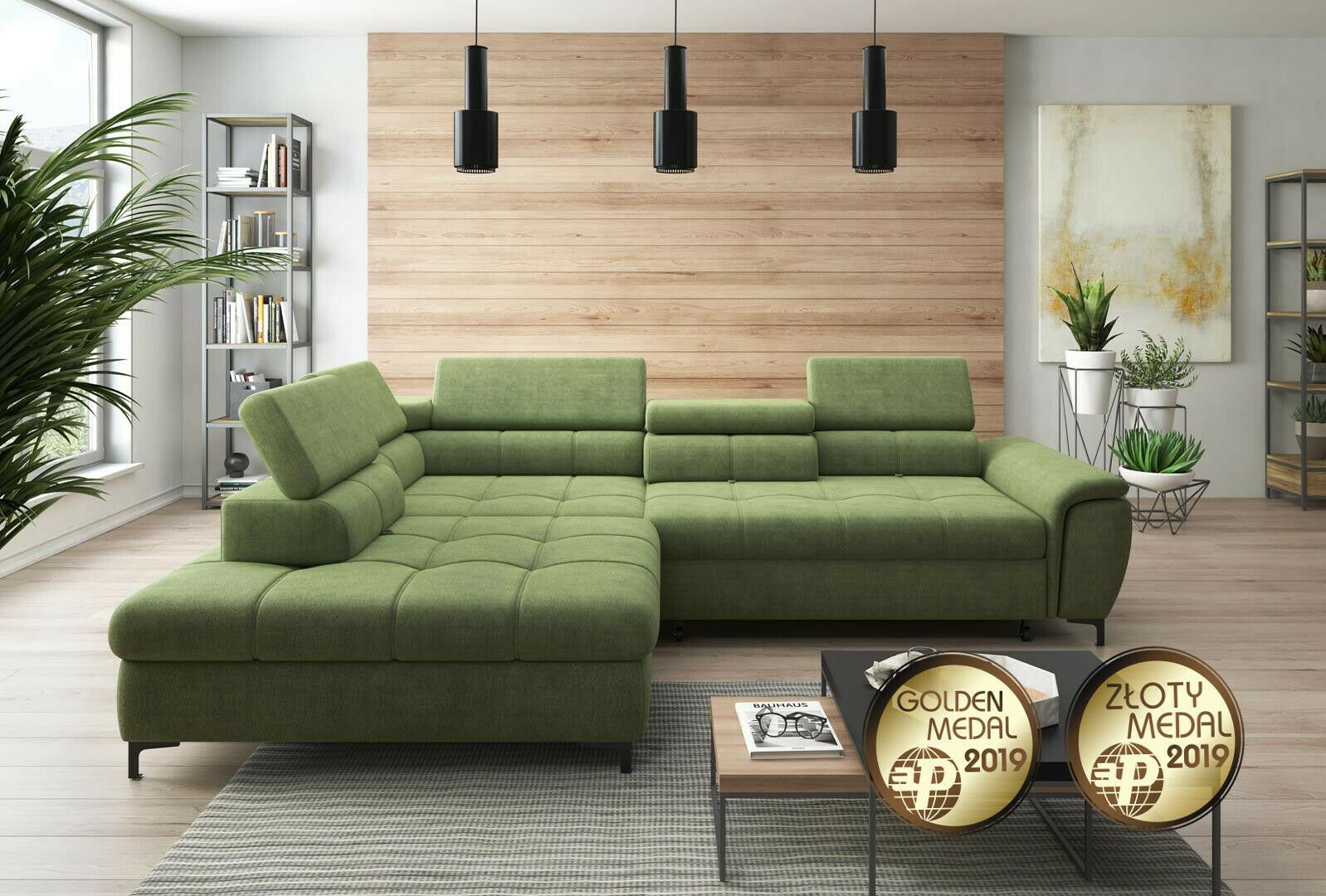 Couch Polster Textil, Textil Design L-Form Bettfunktion Sofa Schlafsofa JVmoebel Grün Bettfunktion Ecksofa Mit