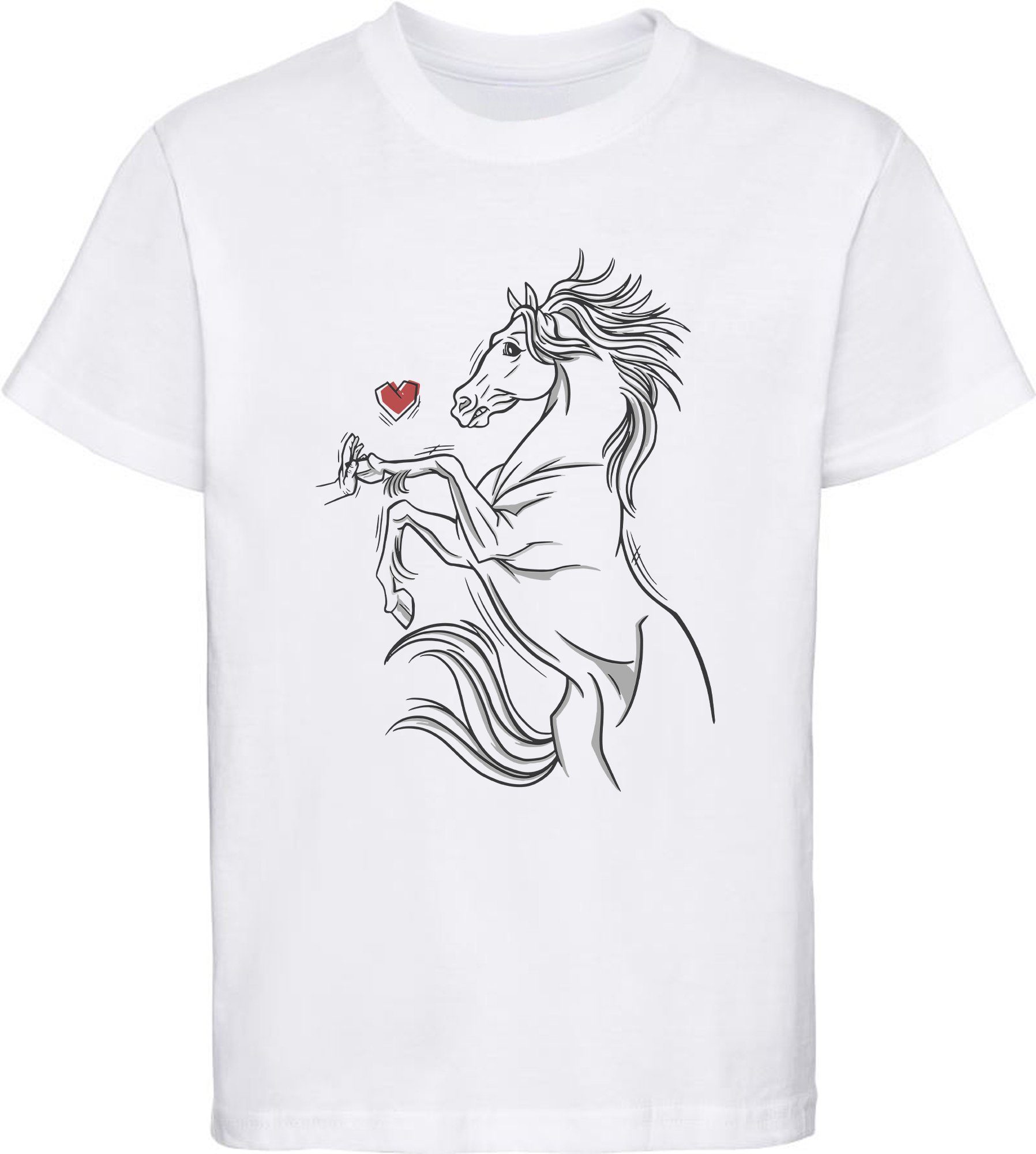 Baumwollshirt eine Hand bedrucktes MyDesign24 Pferd mit T-Shirt i159 Print-Shirt weiss berührt Mädchen das Aufdruck,