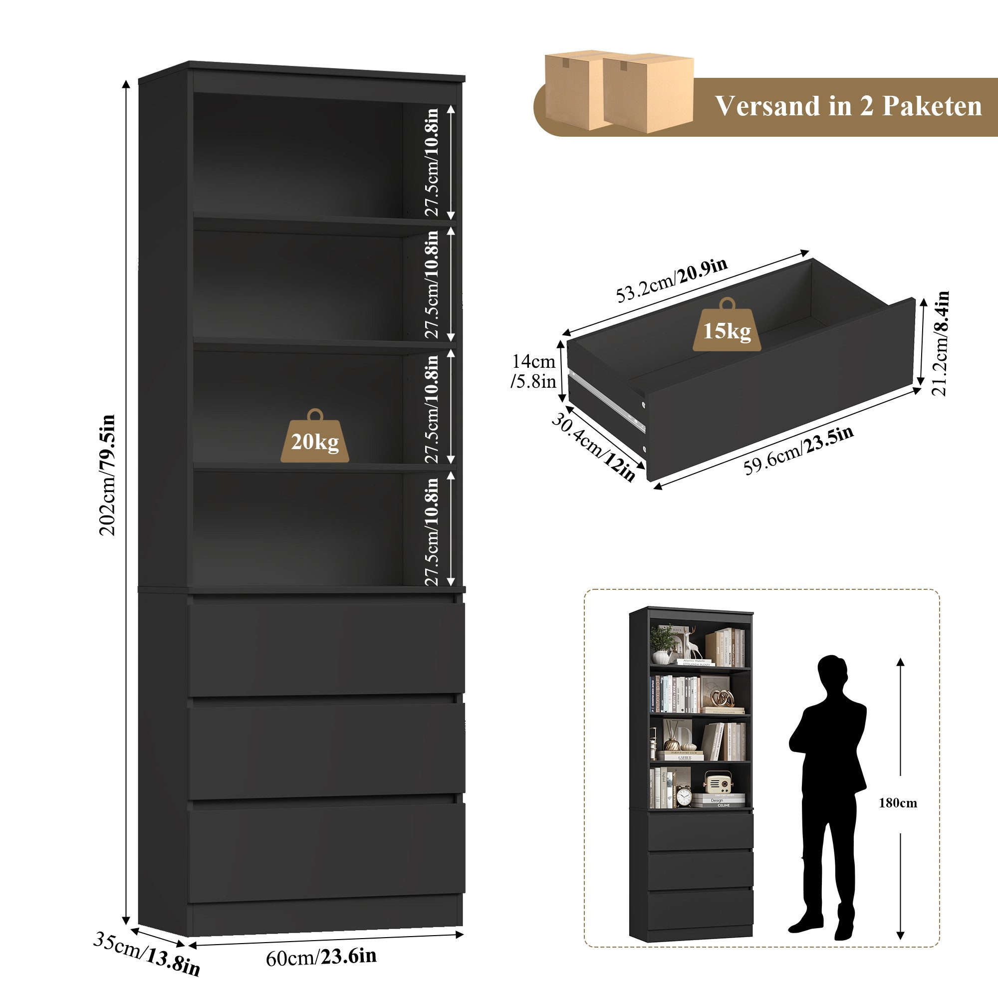 Homfa Bücherregal Hochschrank Standregal Bücherschrank Raumteiler, mit 4 Fächern und 3 Schubladen, 60x35x202cm