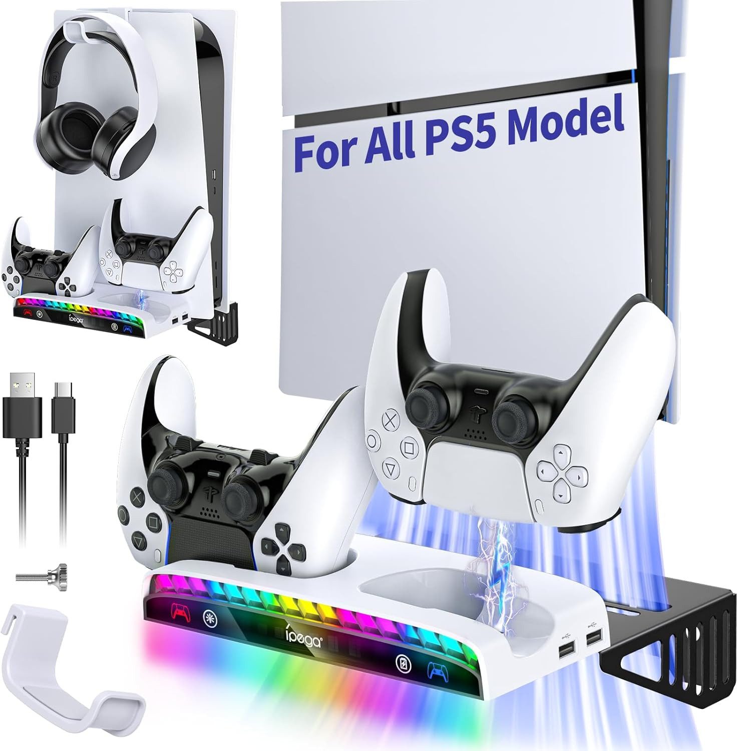 Tenlamp Wandhalterung für alle PS5-Modelle Pro/Slim/Original mit Ladestation Controller (Set, 1 St., Controller-Ladegerät mit RGB-Licht, Headset-Halter & USB-Hub)