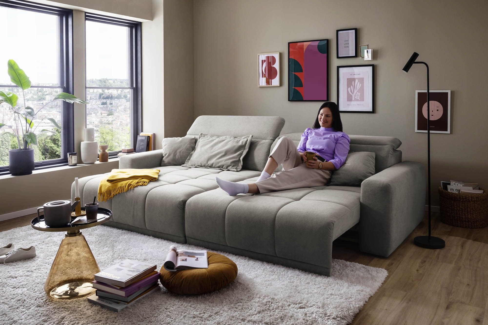 Iwaniccy Polstergarnitur Sitztiefen + Kopfteilverstellung, hellgrau - 288x80x176cm (BxHxT)