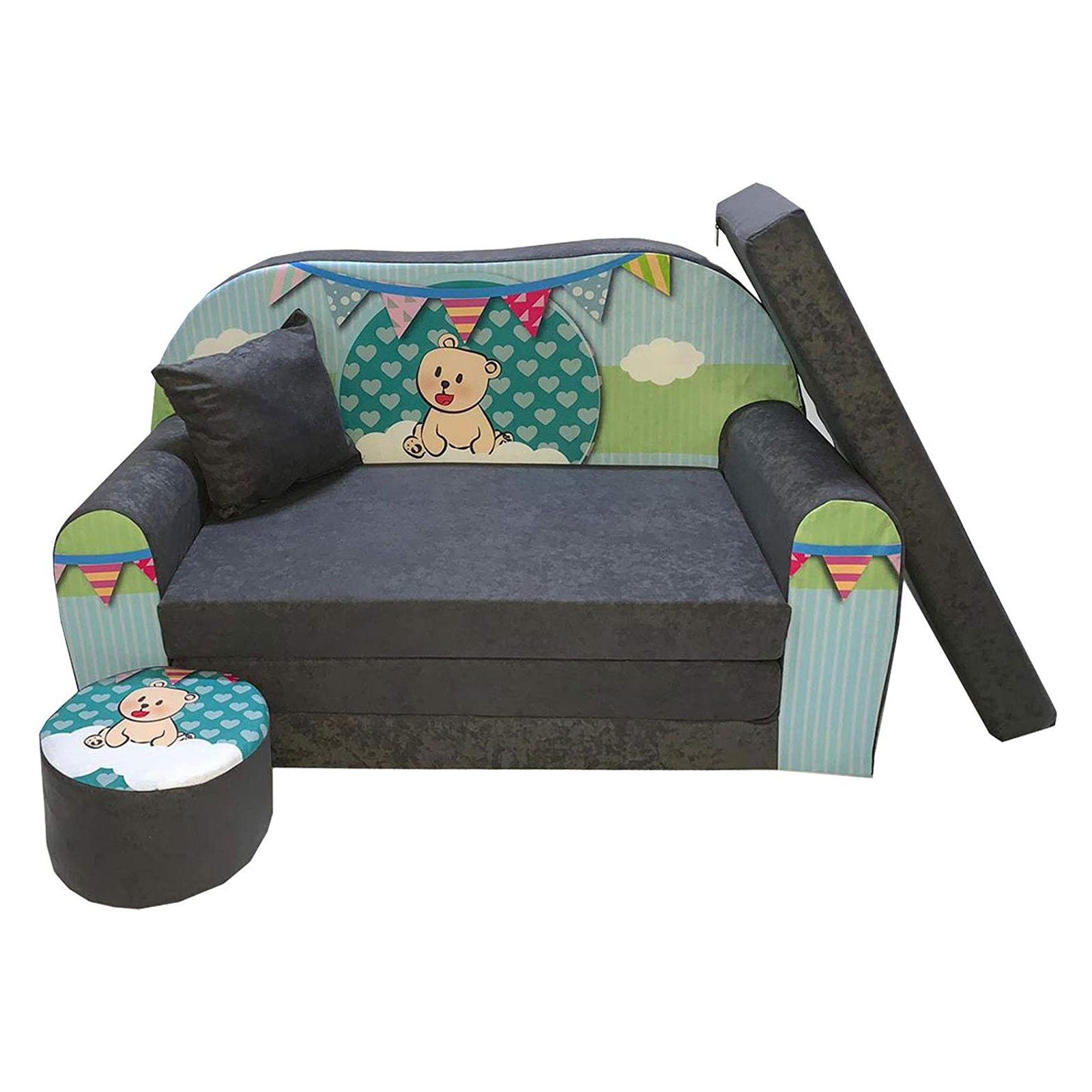 Kindersitzgruppe Kindersofa Kindercouch Aufklappen Bettfunktion + Hocker W319