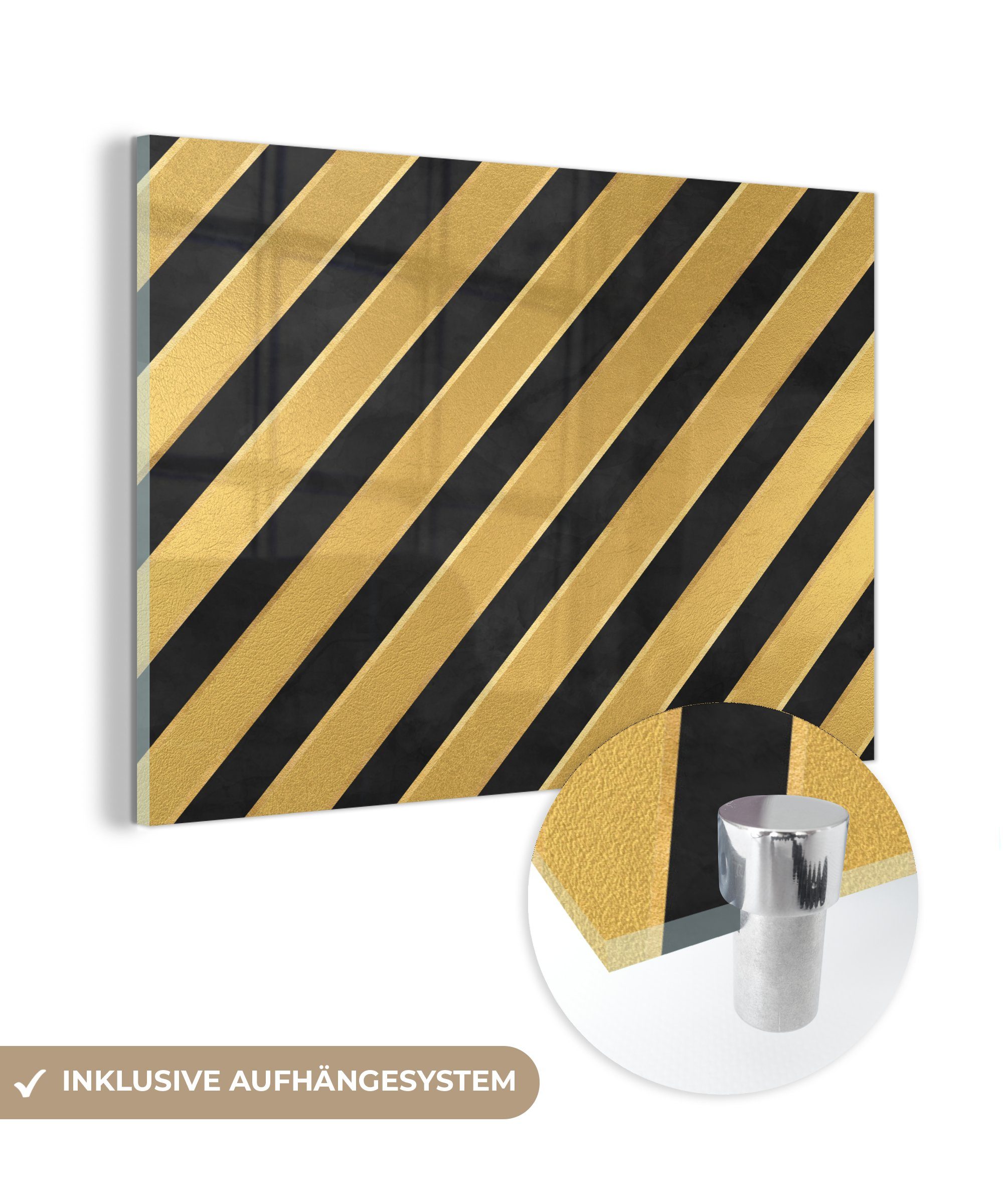 MuchoWow - auf - Schwarz, Acrylglasbild Foto Glasbilder Bilder auf Glas - Streifen Wandbild St), Gold Glas Muster Wanddekoration - (1 - -