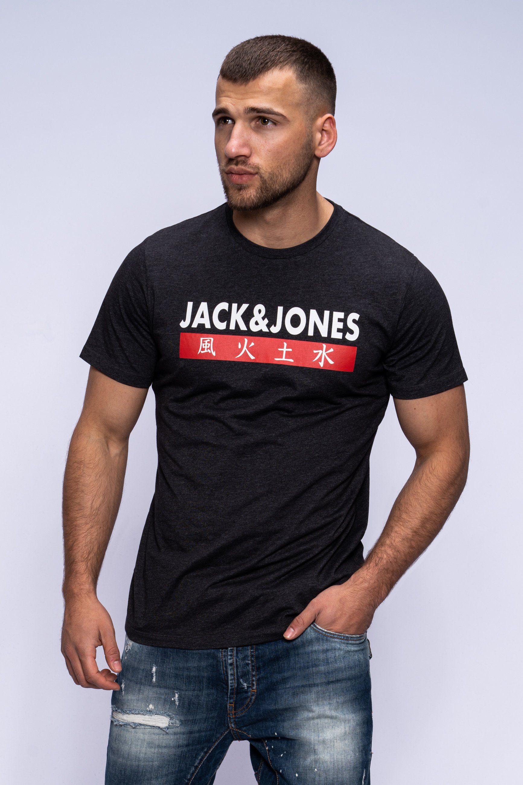 Jack & Jones Print-Shirt ELEMENTS TEE SS CREW NECK Dark Grey Melange