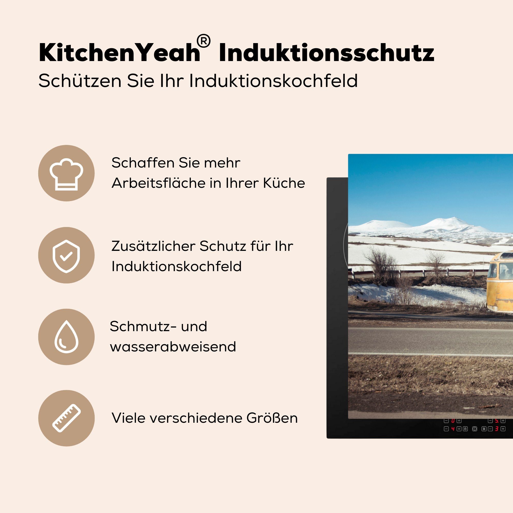 Induktionskochfeld für (1 - - Schutz küche, die MuchoWow Gelb, Ceranfeldabdeckung Herdblende-/Abdeckplatte tlg), 81x52 Bus cm, Jahrgang Vinyl,