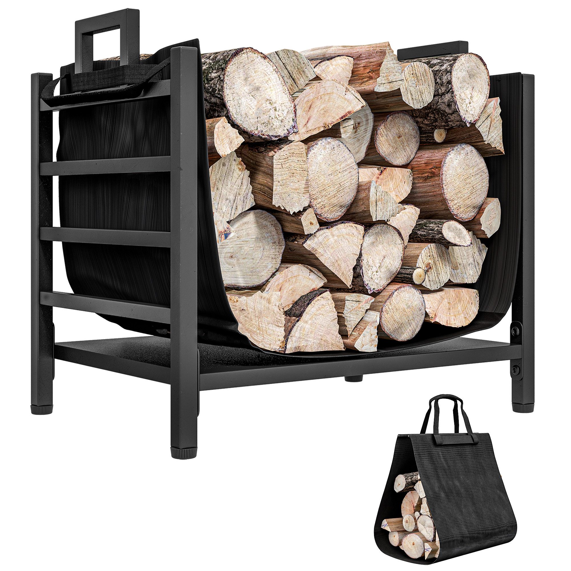 Outsunny Kaminholzregal mit abnehmbarem Tragebeutel, BxTxH:49x34x44 cm, (Feuerholzregal, 1-St., Brennholzregal), für Outdoor, Indoor, bis 50 kg, Metall, Schwarz