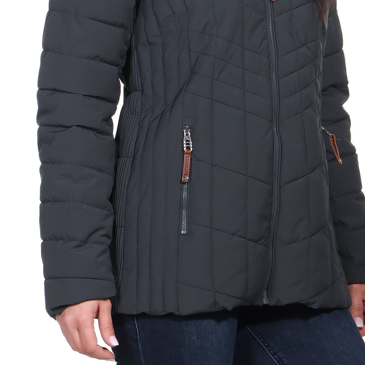 Aurela Damenmode Winterjacke Kuschelige Steppjacke Damen gefüttert für warm mit mit erhältlich, Kapuze, mit (1-St) auch Größen großen Blau-Grau in Innenfell Teddyfell