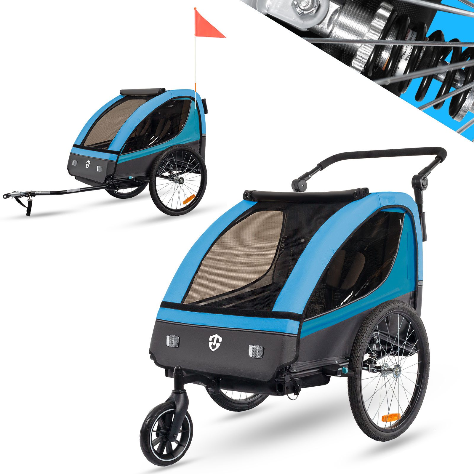 TIGGO Fahrradkinderanhänger Fahrradanhänger Kinderfahrradanhänger mit Buggy Set + Federung, geeignet für 1-2 Kinder