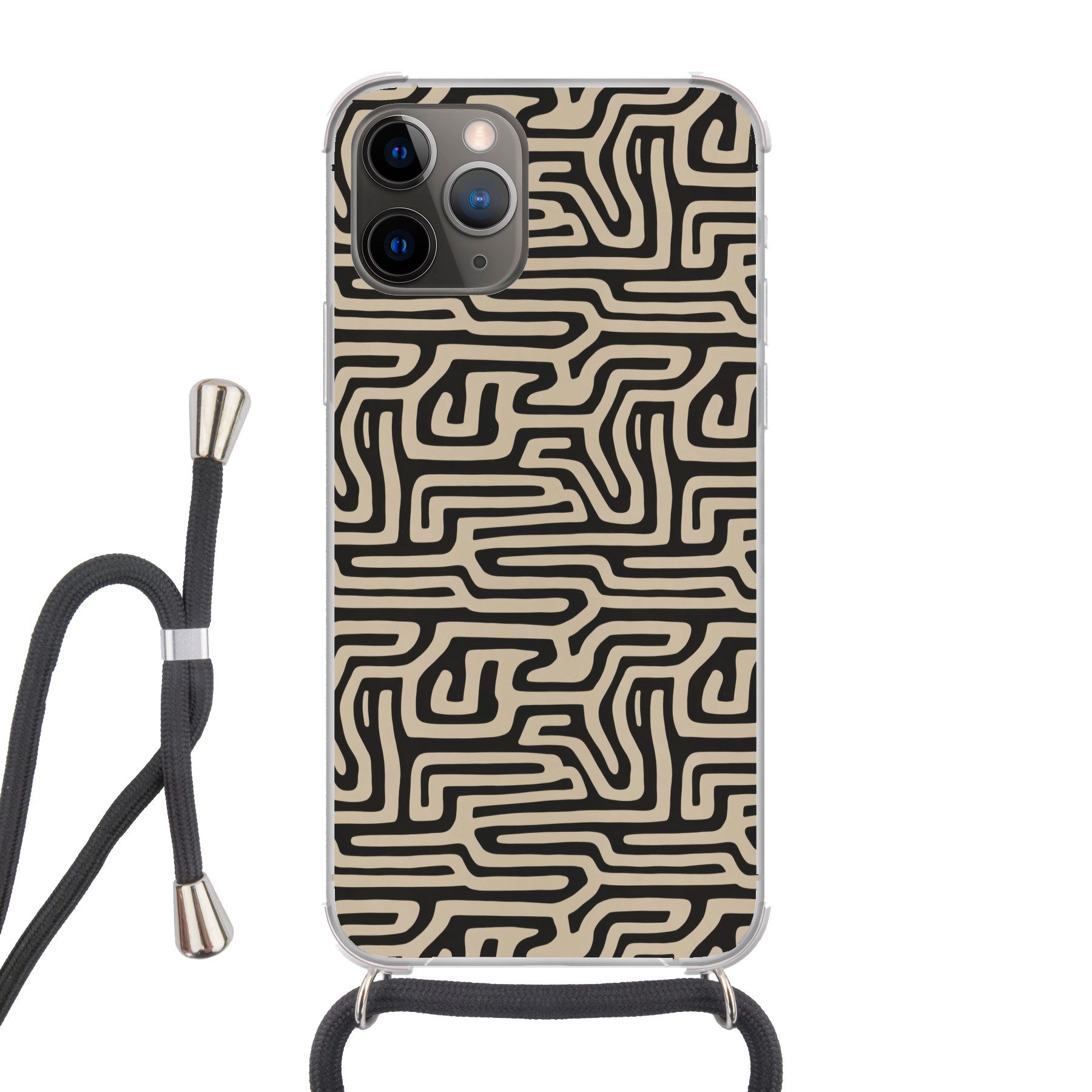 MuchoWow Handyhülle für Apple iPhone 13 Pro Grafik - Linien - Schwarz, Tragbare Handyhüllen mit Kette zum umhängen, Handykette Handyband