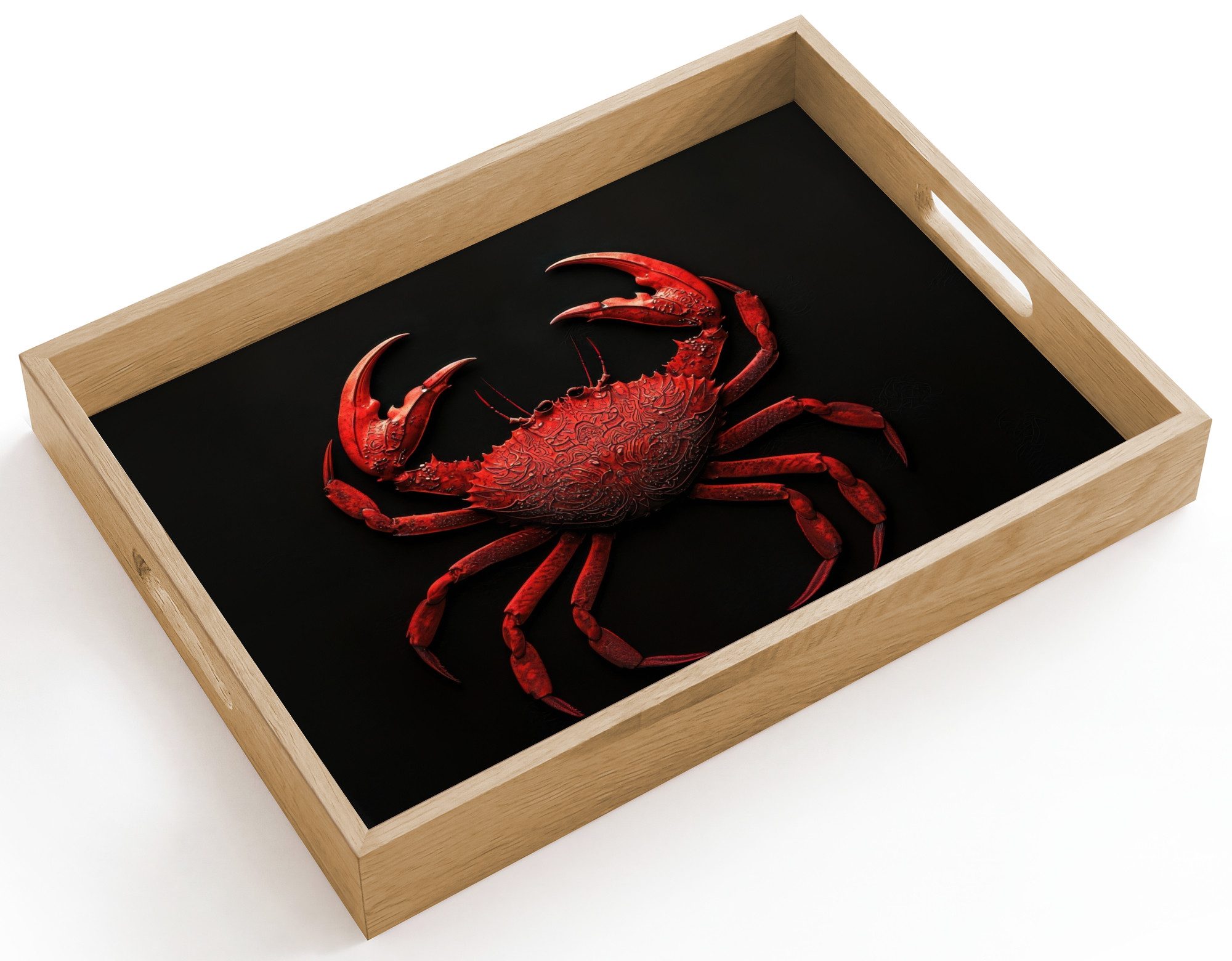 OnlyWow Tablett Rechteckig mit Henkel Krabbe - Rot - Fisch - Krustentiere, Eichenholz, (1-tlg), Siervierplatte, Tray, Frühstücksbrett