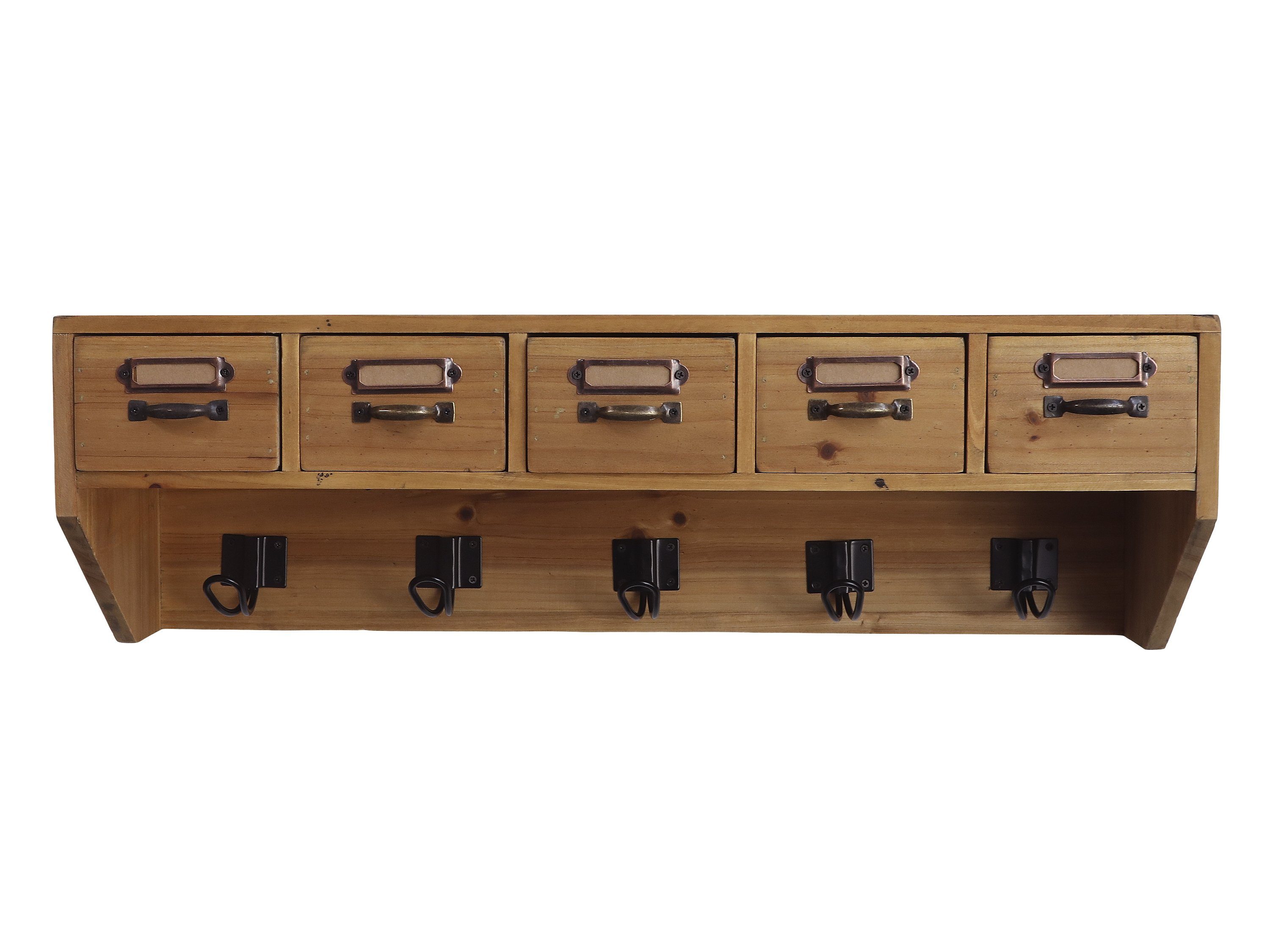 Wandregal Wandregal Regal Holz mit 5 Schubladen und 5 Haken Braun Chic Antique