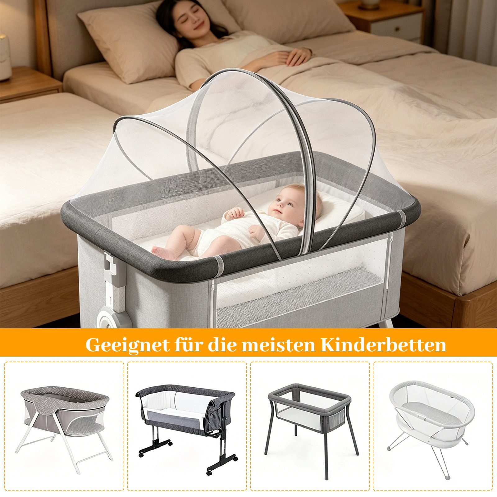 BlingBin Moskitonetz Atmungsaktives stabiles Moskitonetz mit umlaufendem Reißverschluss, (1 Stück, 1 St., 105 × 60 cm), waschbar passend für Kinderbett, Reisebe – Bild 5 von 5