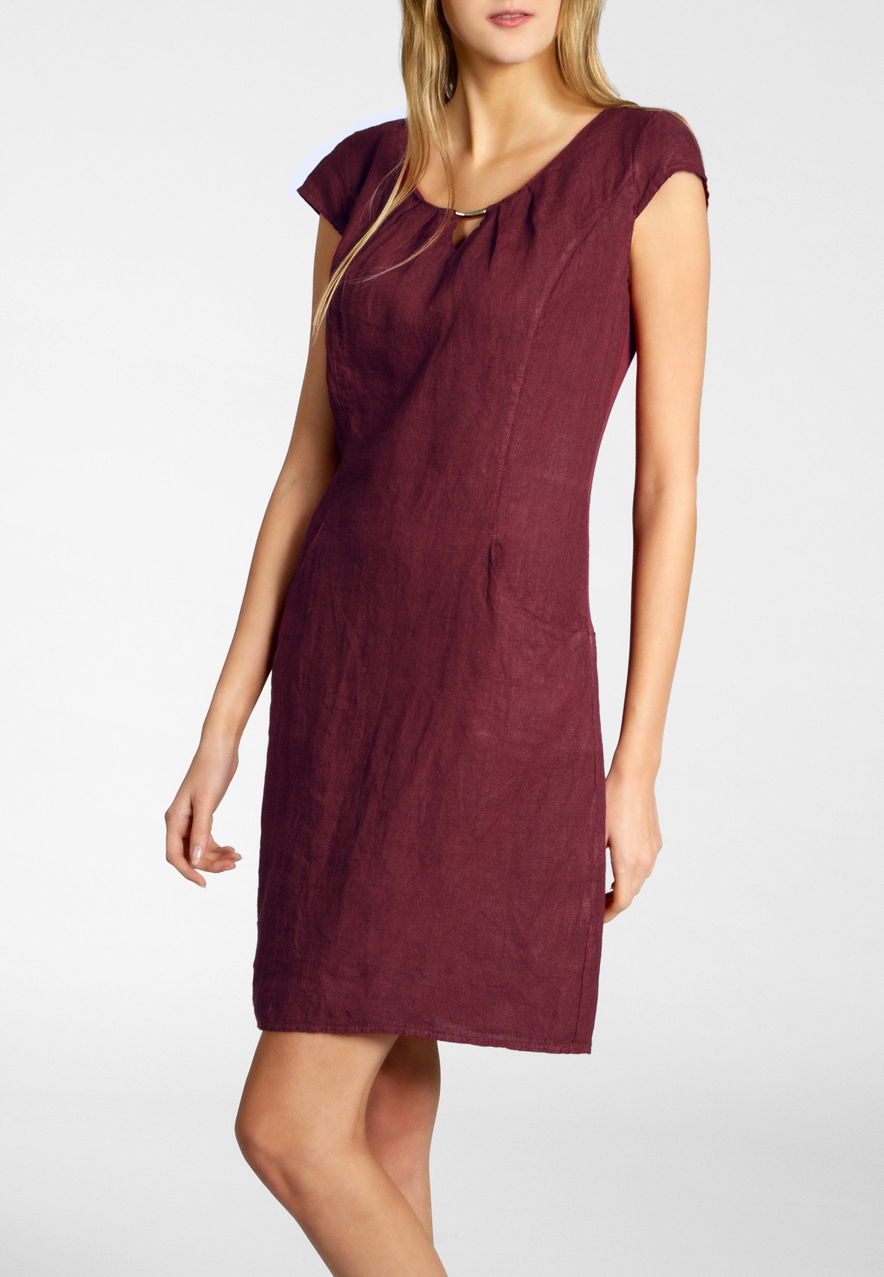 Caspar Sommerkleid SKL020 knielanges Damen Sommer Leinenkleid mit eleganter Metallspange Luftig leicht, figurumspielende Form, mit seitlichem Jersey-Einsatz – Bild 4 von 5