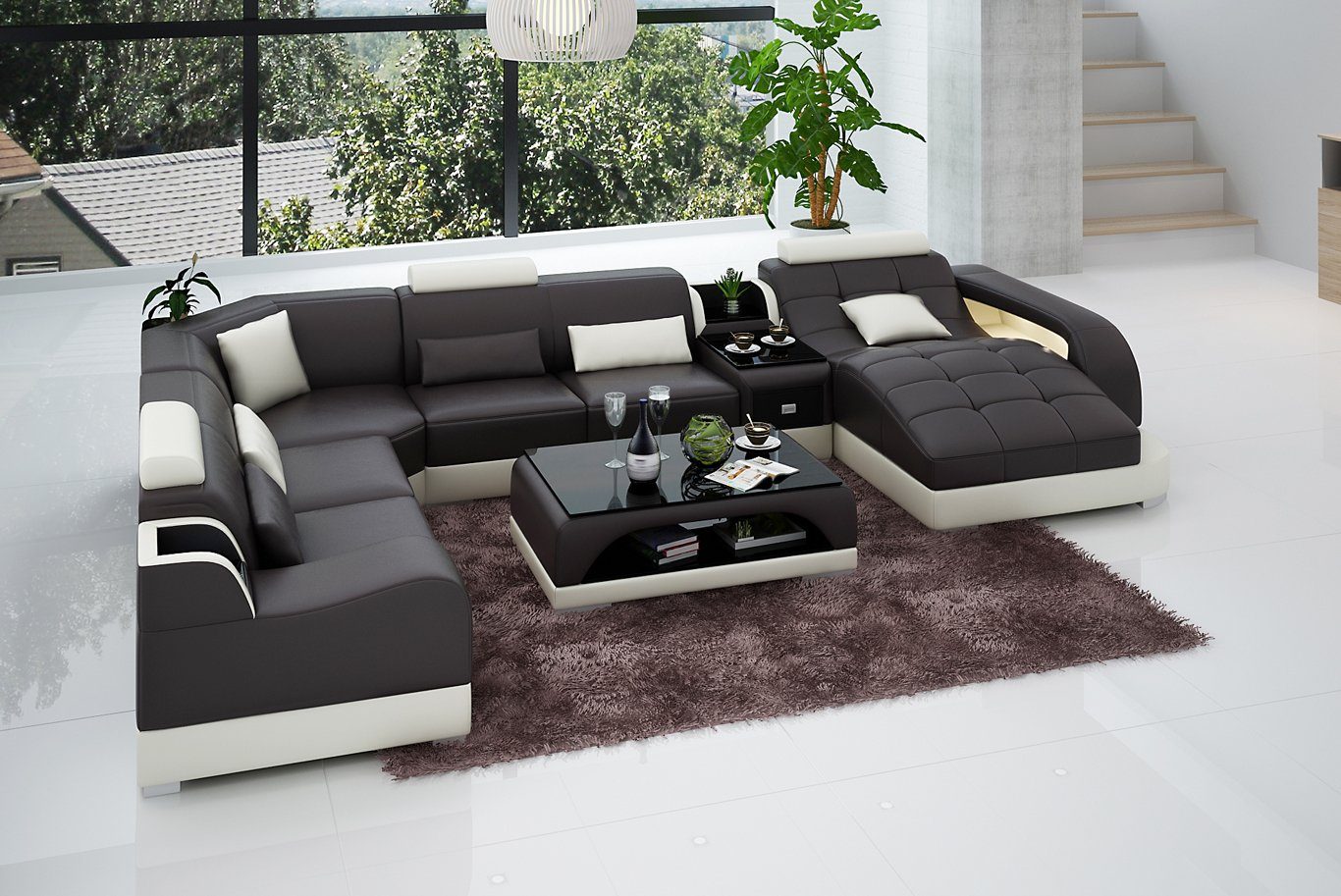 JVmoebel Ecksofa Ledersofa Designer Form Braun/Beige Wohnlandschaft U in Made Sofa Polster Ecksofa, Europe Couch
