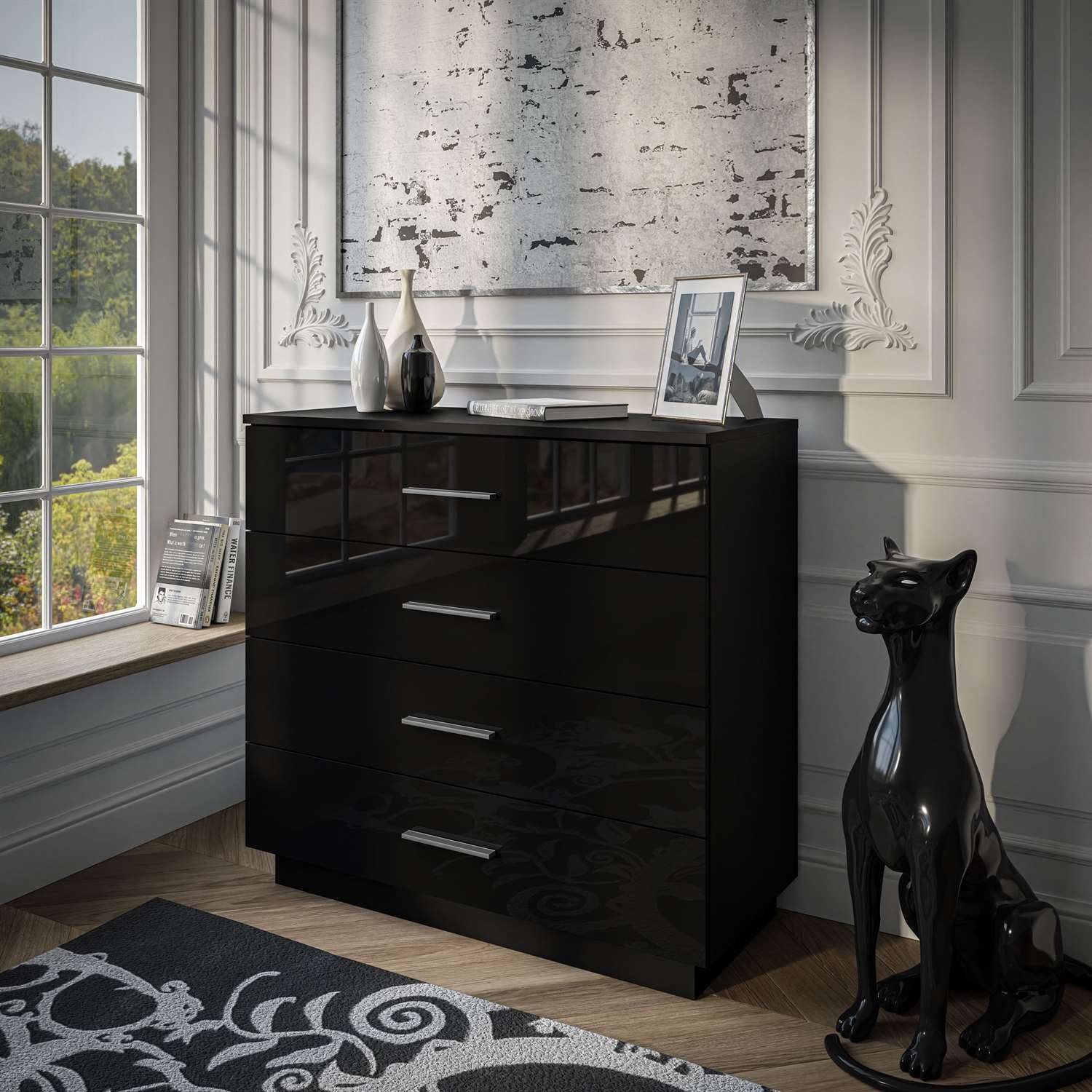 Lookway Kommode LINA 95 mit Griffen Schwarz Hochglanz LED